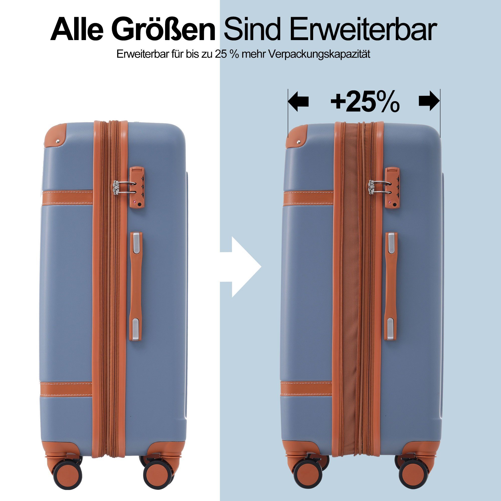 BlingBin Hartschalen-Trolley Rollkoffer Handgepäck 360°leises Zollschloss, Dunstblau+braun XL, 4 Rollen, 77.5*50.5*30 Universal- Räder, TSA