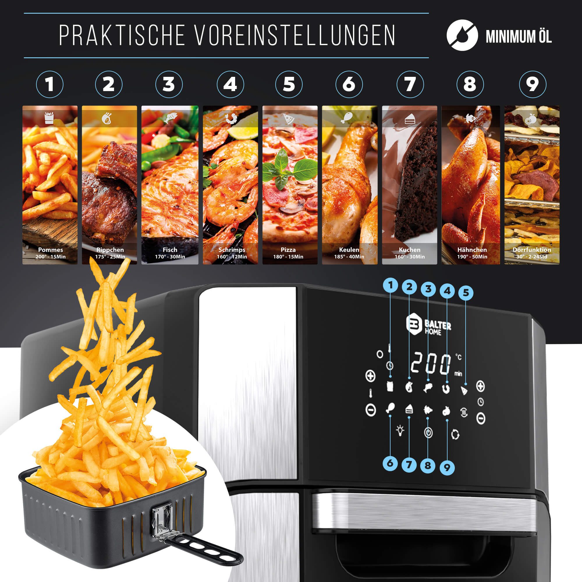 Balter Heißluftfritteuse, 12 Liter, Mini Backofen, Dörrautomat, 10 Programme, Rezeptheft