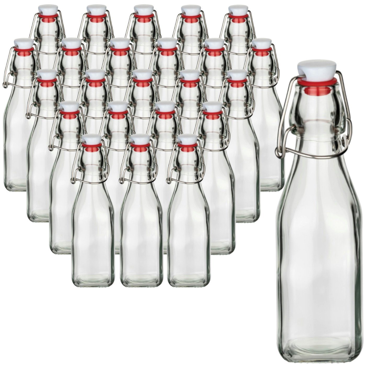 gouveo Trinkflasche Glasflasche 250 ml eckig mit Bügelverschluss rot - Leere Flasche 0,25l, 24er Set - Bügelflasche 250 ml