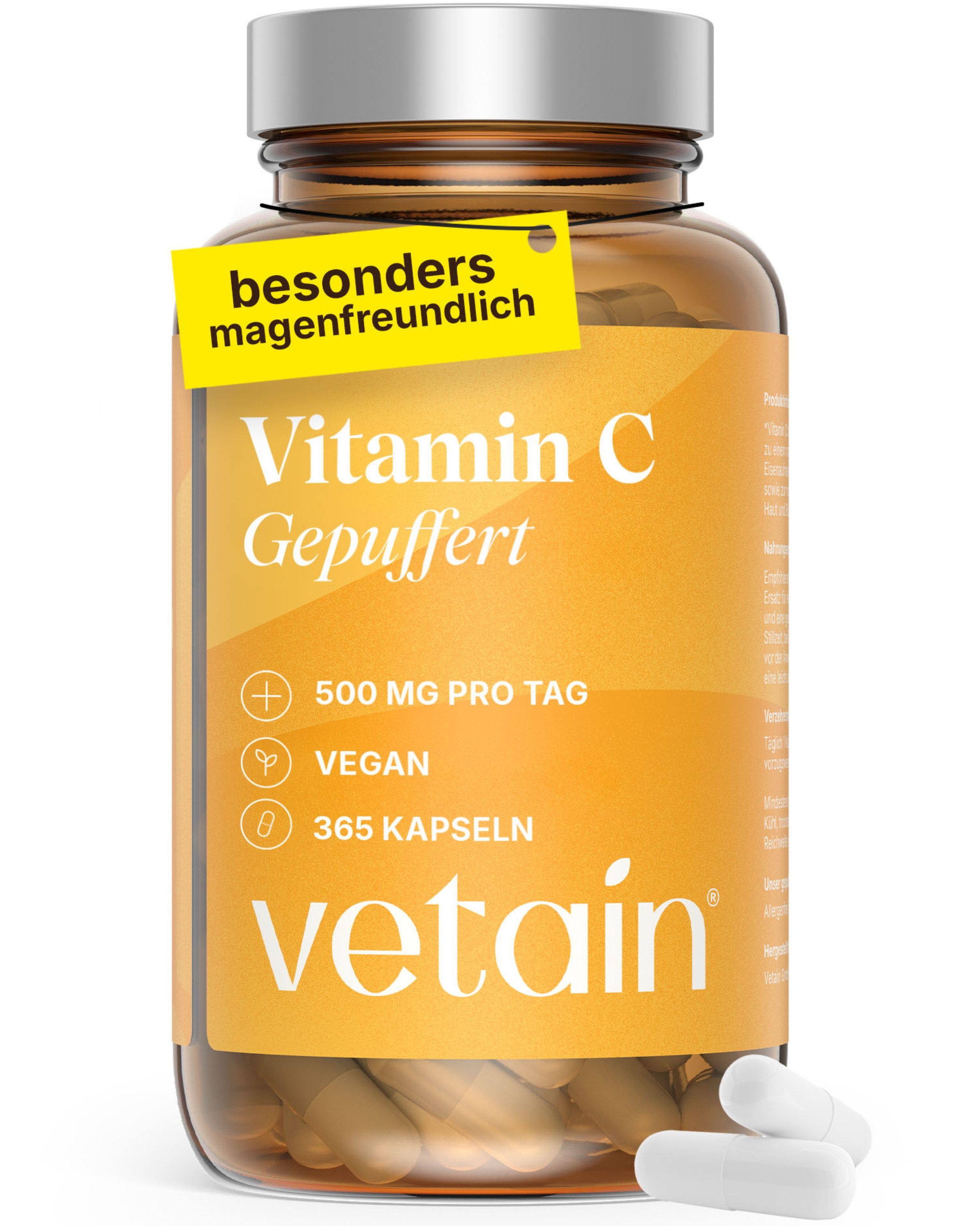 VETAIN Vitamin C gepuffert 500mg - pH-neutral, magenschonend - 365 vegane Kapseln, 365 St., Säurefreies Calcium, hochdosiert, produziert in Deutschland