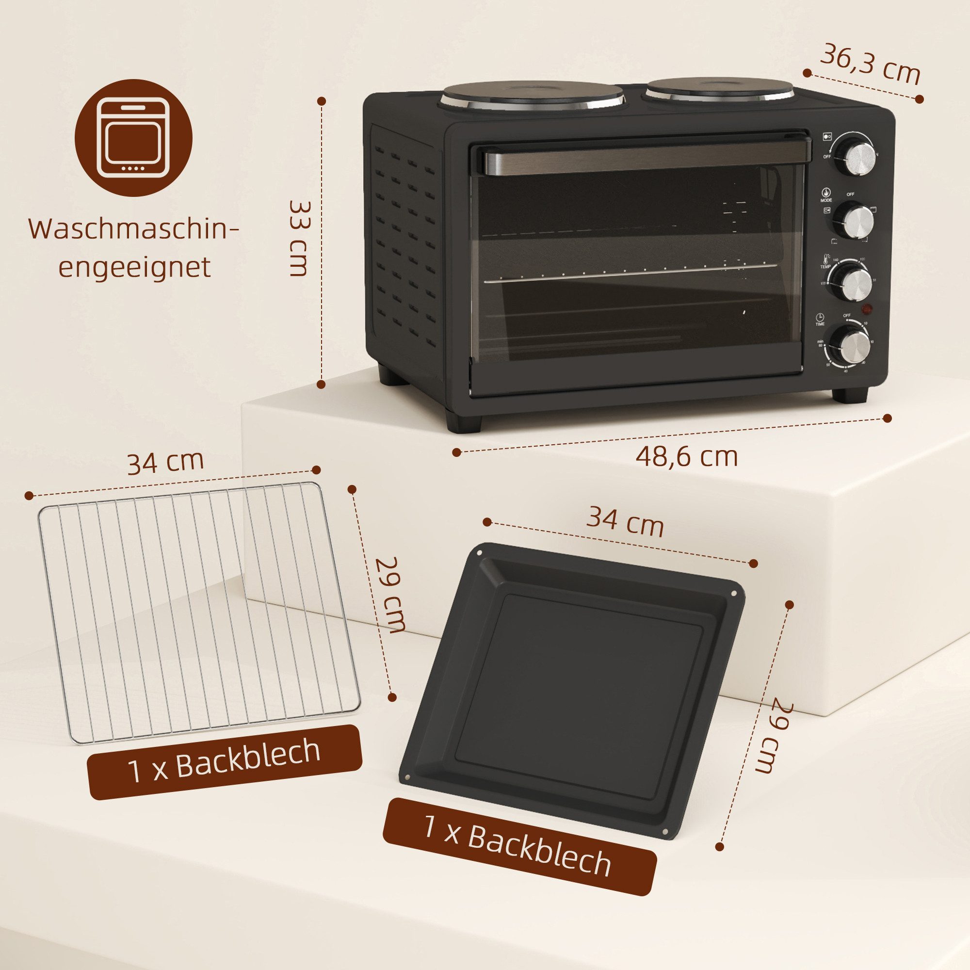 HOMCOM Minibackofen, mit Warmhalteplatten, Backblech und Grillrost
