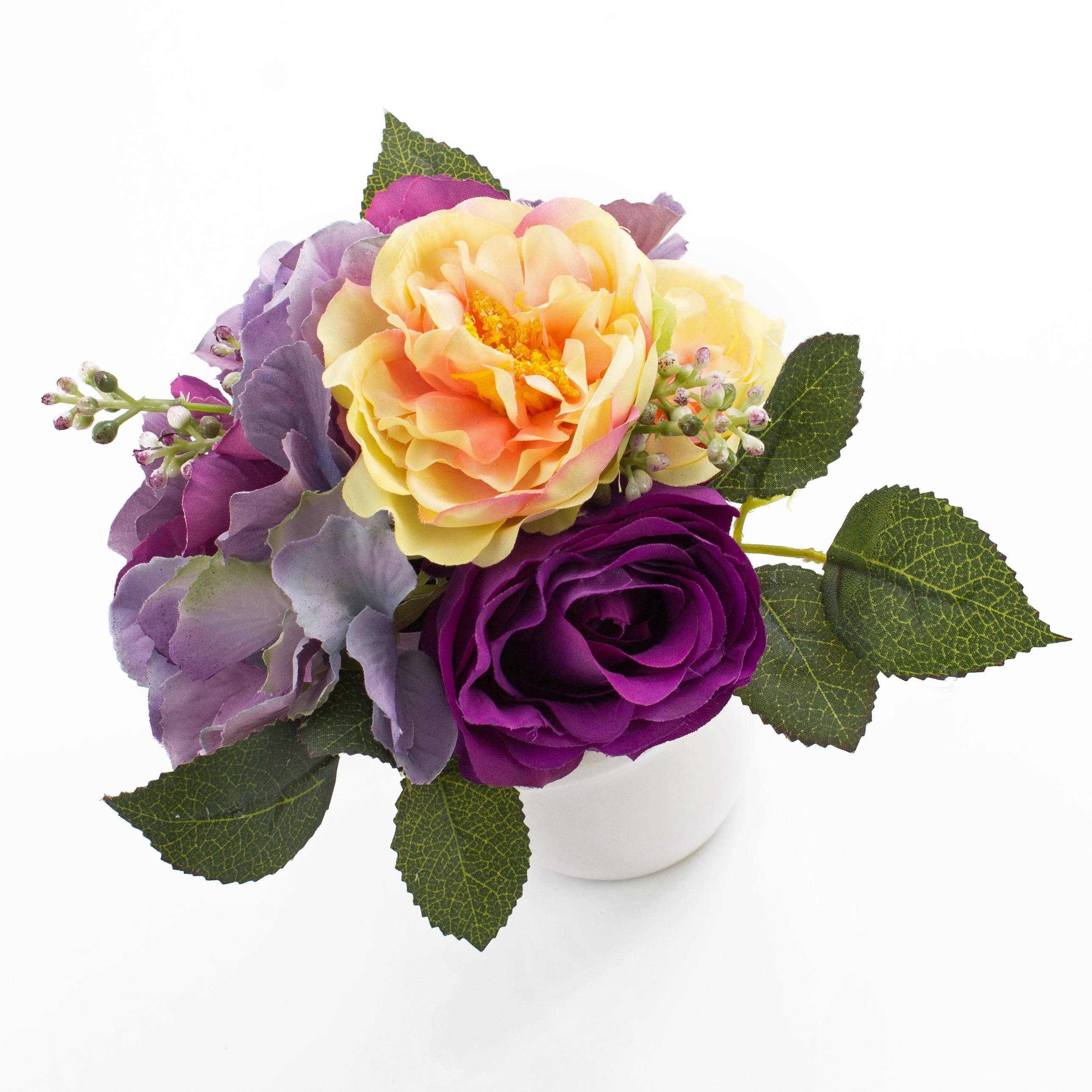 Gestecke Rosen, Hortensien Feline im Keramiktopf, Creme - lila, 20cm, Ø 23cm, artplants