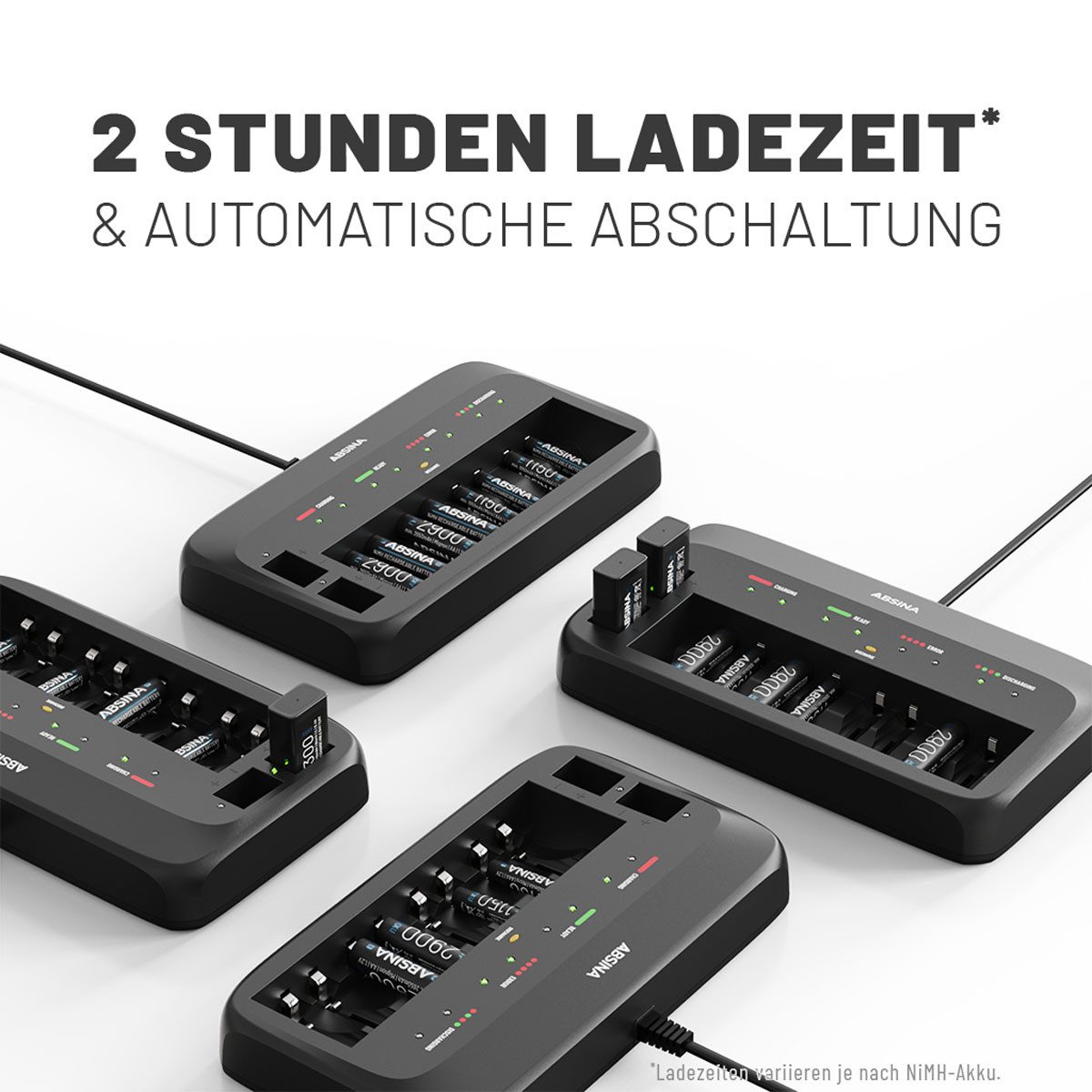 ABSINA X10 Akkuladegerät für AA, AAA & 9V - Batterieladegerät inkl. 8x Akkus Rundzellen-Lader (1-tlg) – Bild 4 von 5