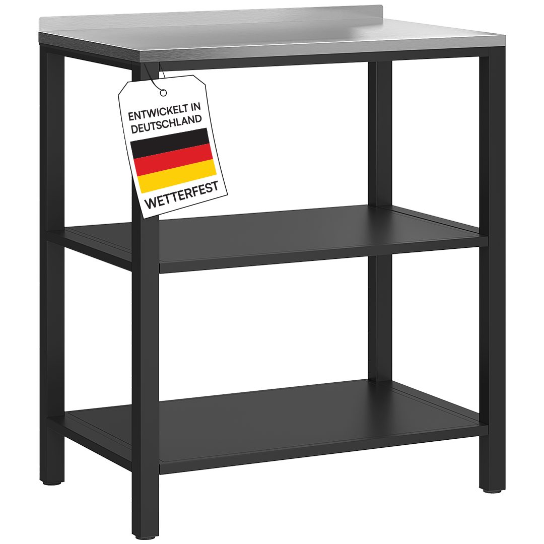 STEELSØN Outdoor-Küchenmodul Metallregal & Metallkommode mit Edelstahl Arbeitsplatte Metallregal mit Arbeitsplatte und 2 Ablageflächen