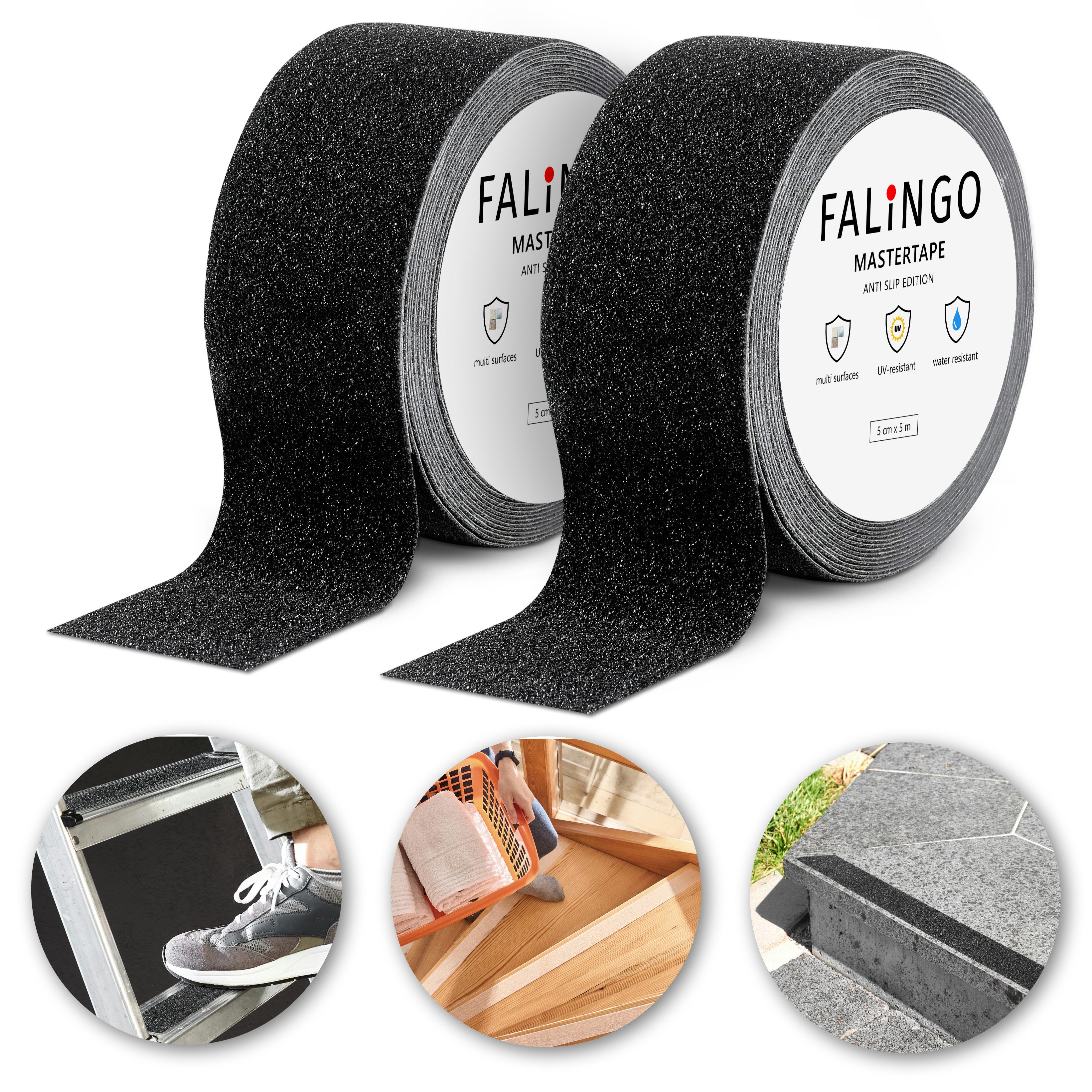 FALINGO Klebeband Antirutsch Klebeband, PVC Anti-Slip Tape, 2 Rollen 5 cm x 5 m (2-St) Selbstklebend, Trittsicherheit im Innen- und Außenbereich