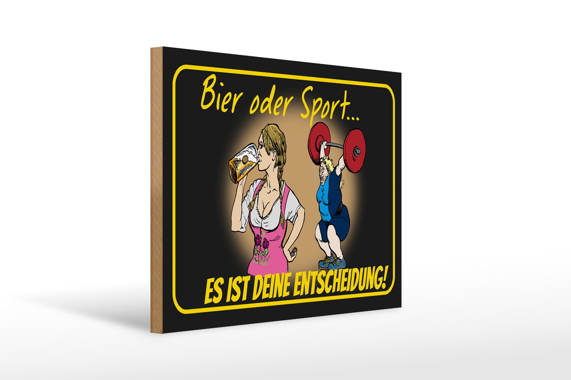 Holzbild Pinup 30x40cm Bier oder Sport Entscheidung
