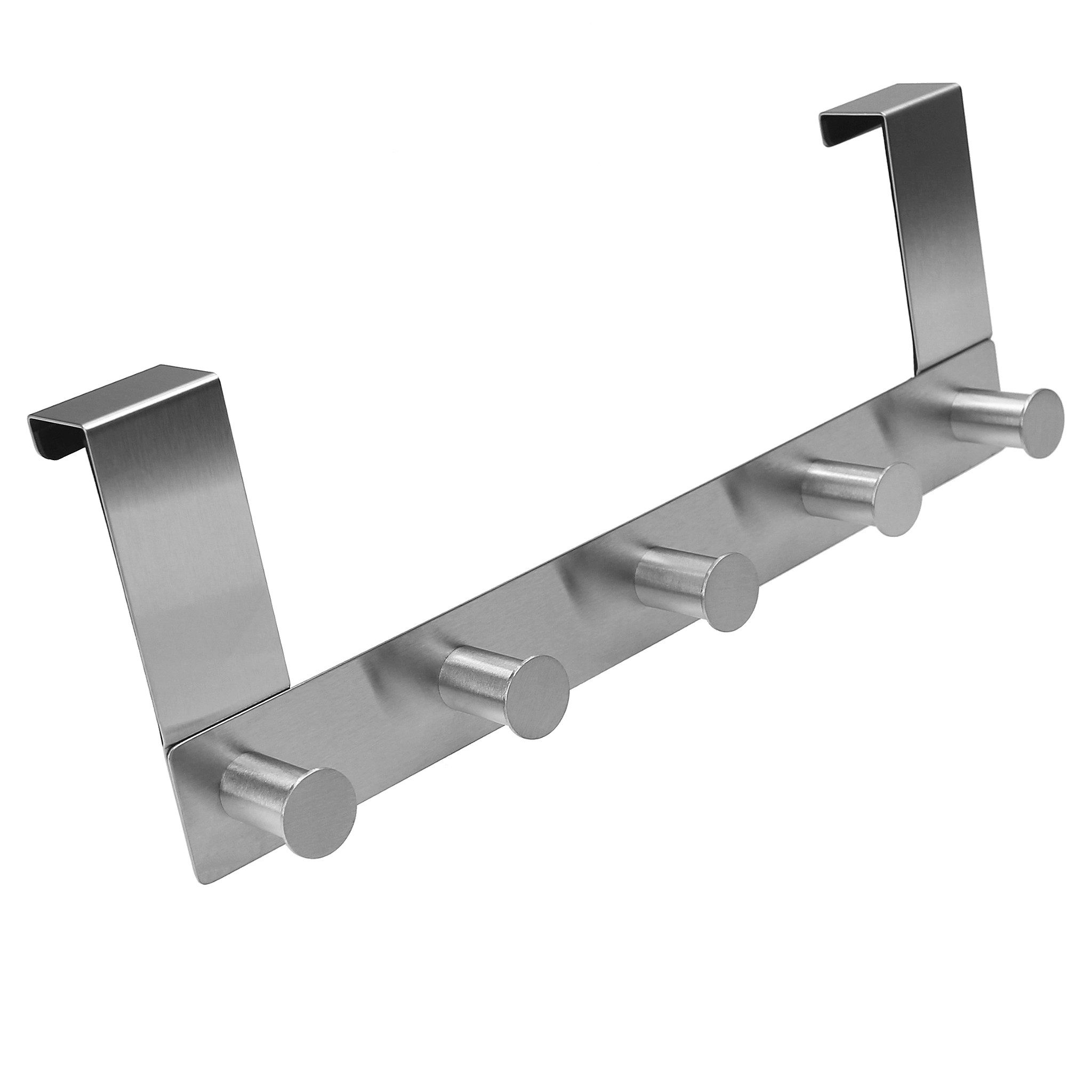 VonBueren Türgarderobe zum Einhängen Edelstahl 30 cm 5 Haken für Kleidung als Türhakenleiste, Passend für Türen mit oberem Falz bis 2 cm und etwa 2–3 mm Abstand zwischen Tür und Rahmen, Montage ohne Bohren