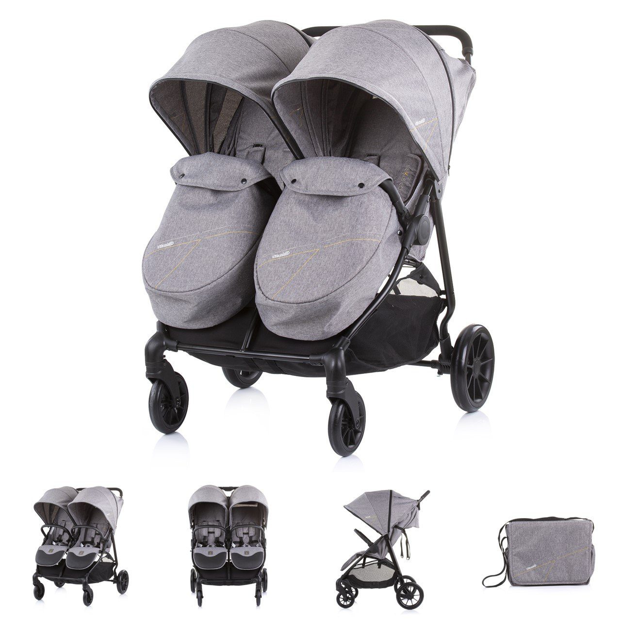 Chipolino Geschwisterwagen Zwillingskinderwagen Top Wickeltasche, Fußsack 77 Stars, grau breit, cm