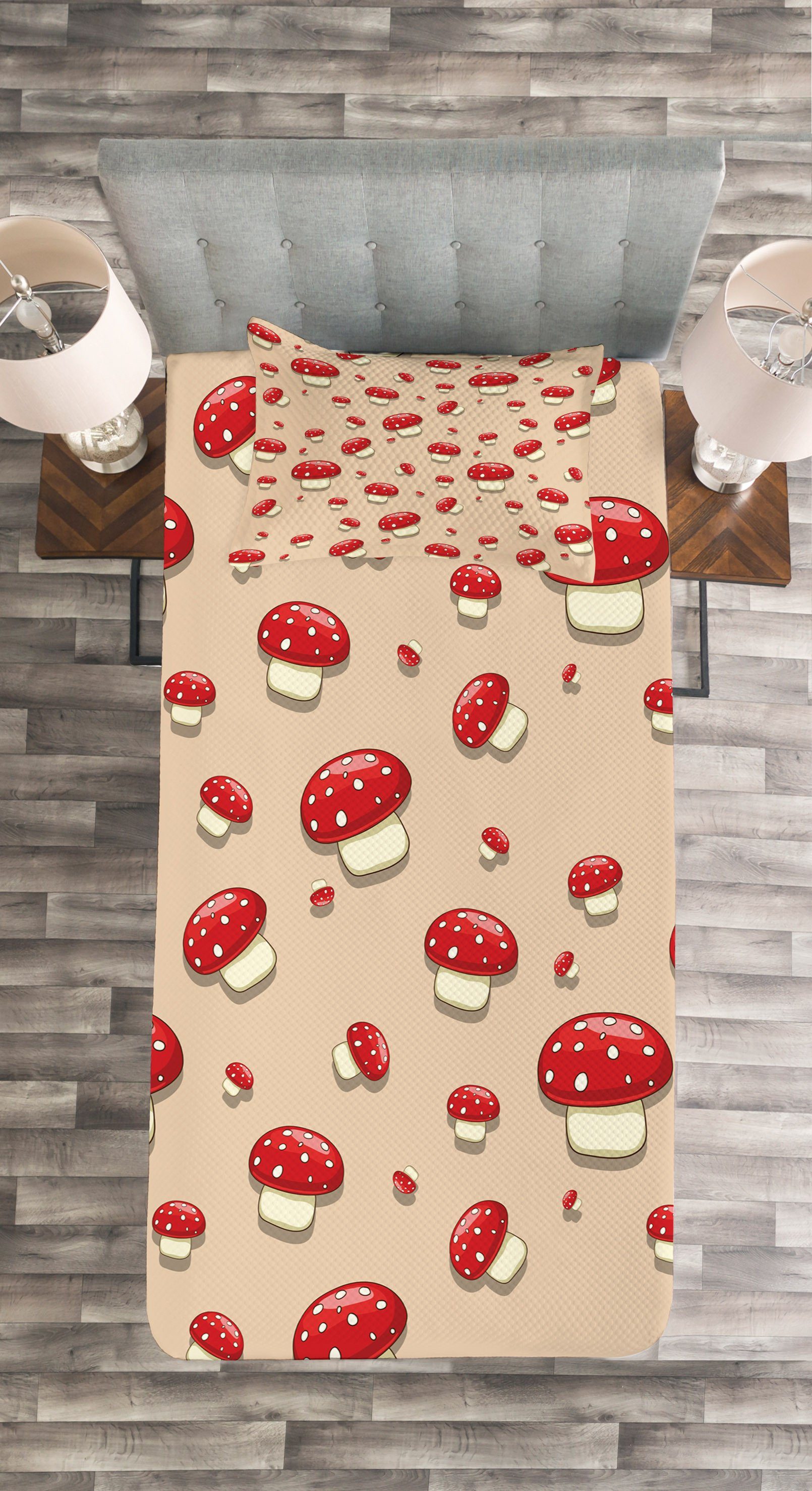 Set Cartoon Kissenbezügen Punktmuster Pilze Abakuhaus, Tagesdecke mit Waschbar,
