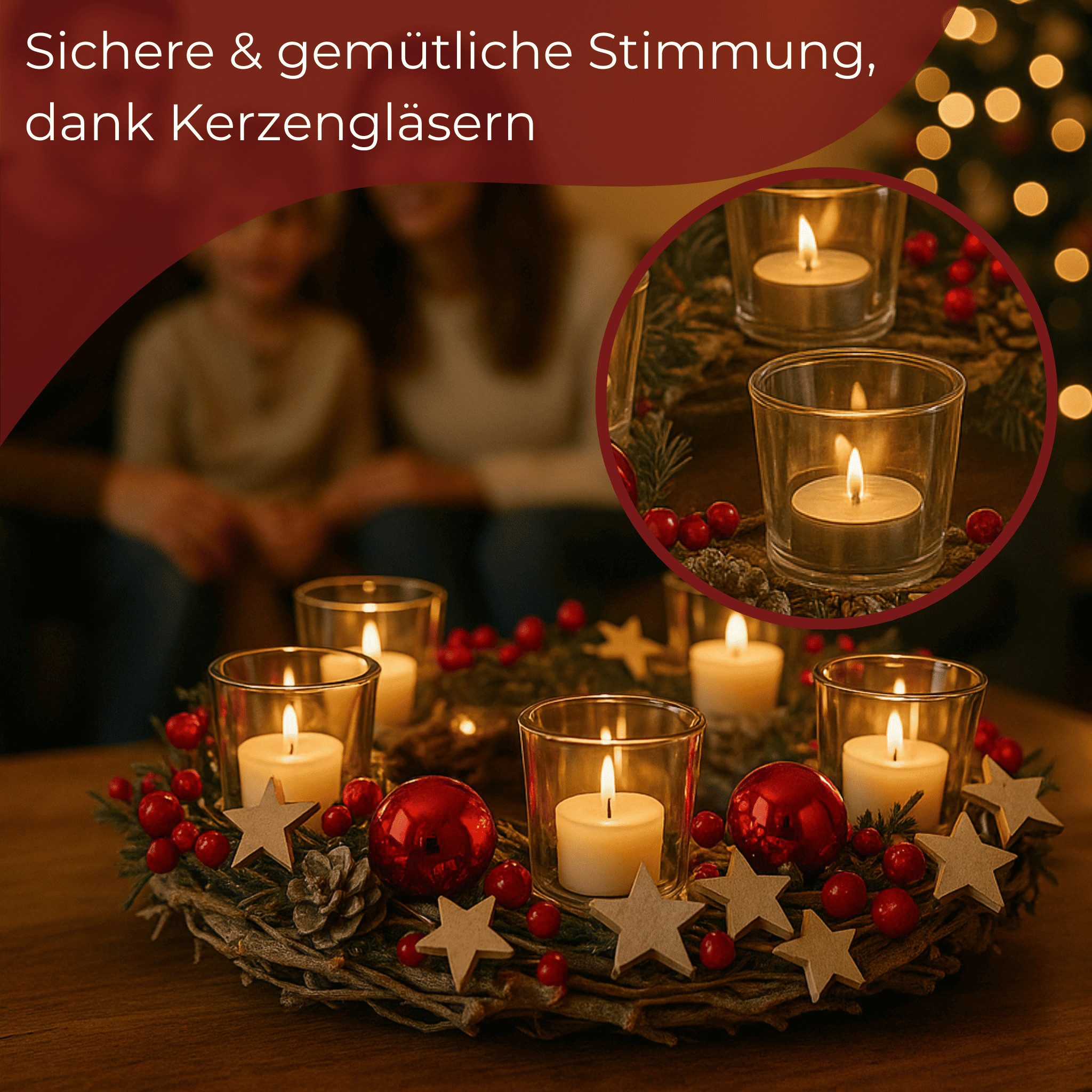 matches21 HOME & HOBBY Adventskranz Holz-Deko Adventsgesteck 40 cm Teelicht-Halter silber rot, Weihnachtsdeko Teelichthalter als längliche Tisch Kerzen-Deko – Bild 5 von 5