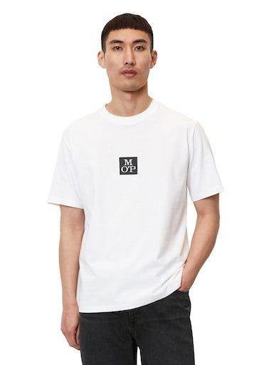Marc O'Polo T-Shirt T-Shirt with print, ribbed neckline, flatlock details, straight hem mit kontrastfarbenem Logo white