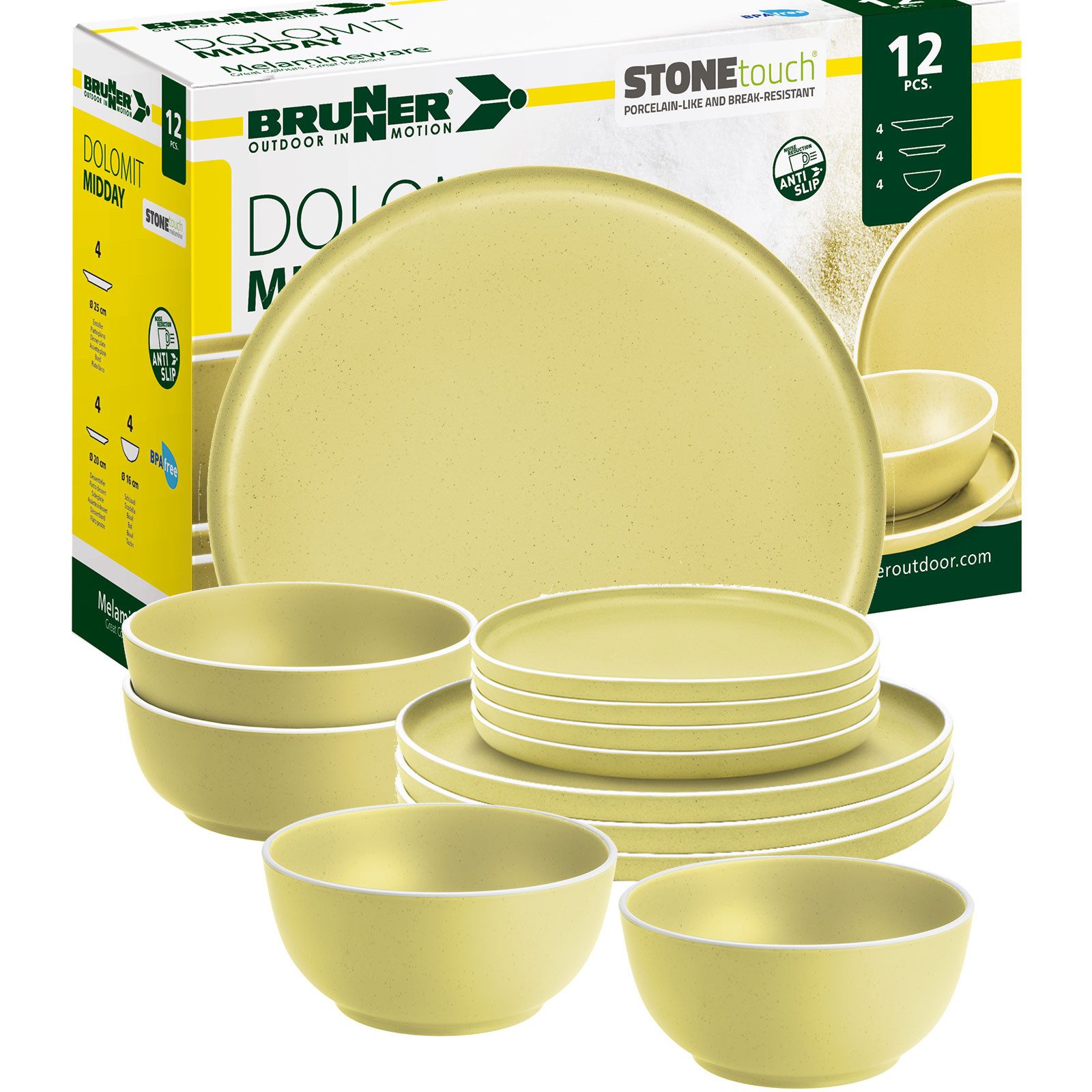 BRUNNER Geschirr-Set BRUNNER Camping Geschirrset DOLOMIT (12, 16, 36-tlg) GELB AntiSlip (12-tlg)