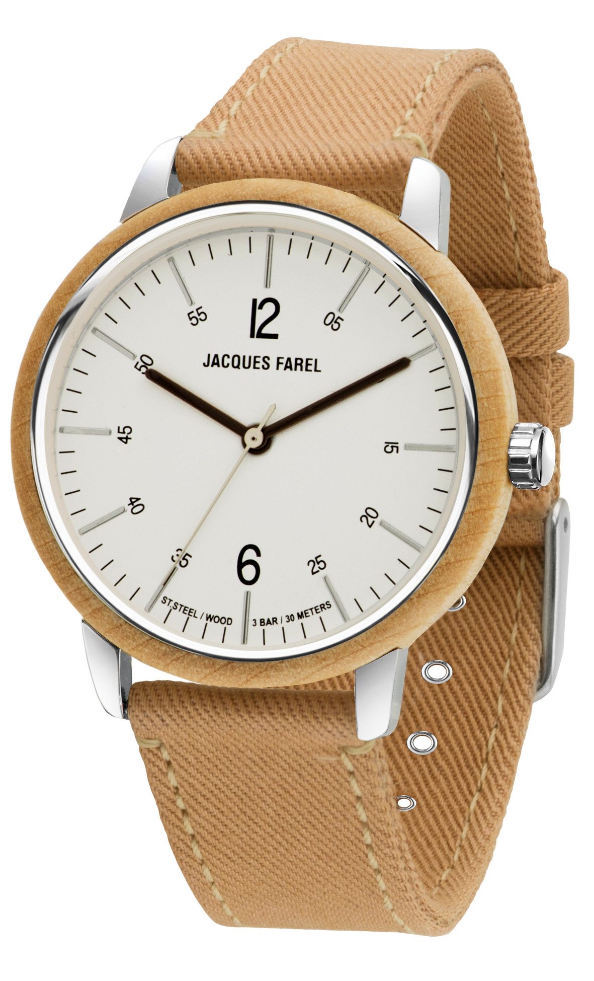 Jacques Farel Quarzuhr ORW1033 nachhaltige Damen Armbanduhr Stahlgehäuse Holzring Lyocellband 3 bar, Analog Hellbraun Beige Holzuhr Geschenk Frauen Ø38 mm