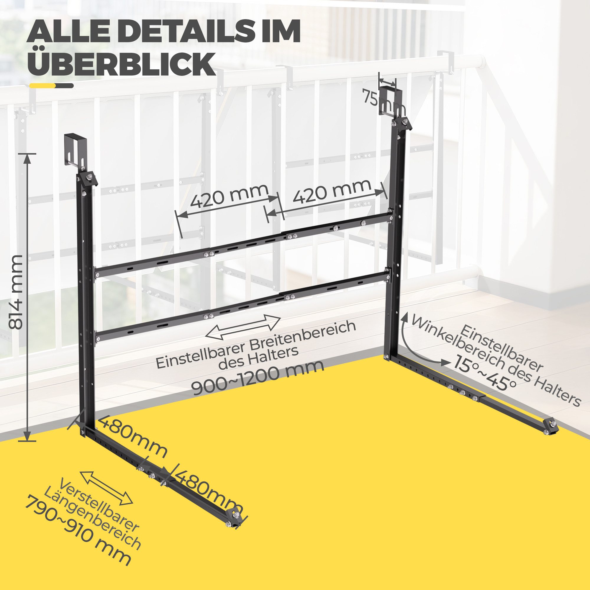 GLIESE Balkonkraftwerk Verstellbarer Solarmodule Halterung Schwarz für 400W 600W Solarpanel, (2-St., Edelstahl 304 Balkon Solarpanel Halterung), Neigung 15°–45° verstellbar, für 400–600 W Solarmodule