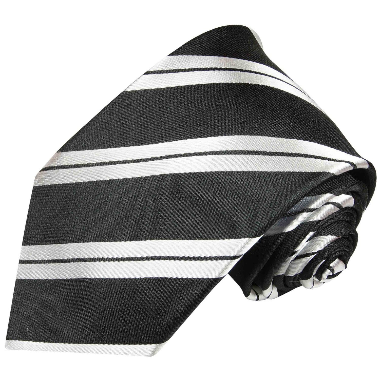 Paul Malone Krawatte silber (6cm), gestreift 2-St., (Set, Herren 100% mit Einstecktuch) 279 mit schwarz Schmal Seide Seidenkrawatte modern Tuch Krawatte