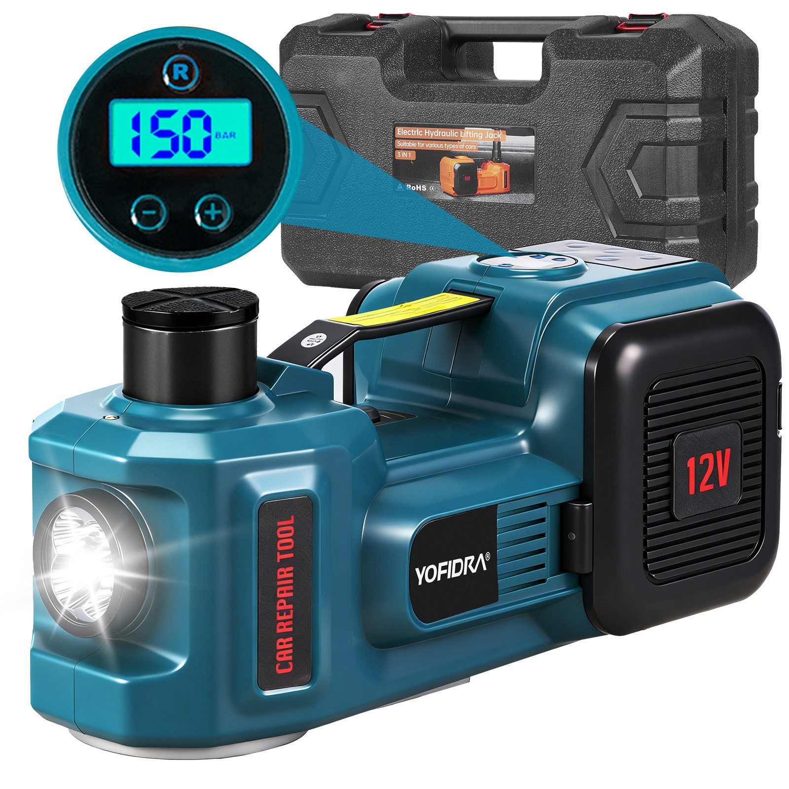 Yofidra Wagenheber Elektrisch Hydraulischer Wagenheber 5T mit Luftpumpe & LED-Licht, max. Hubhöhe: 53 cm, 1-tlg., 12V Auto Wagenheber, Hubhöhe 13,5–53 cm für PKW, SUV, MPV und Pickup