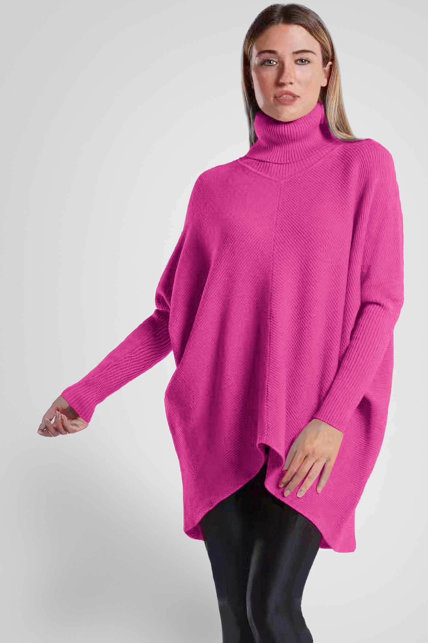 PEKIVESSA Longpullover Oversized pink Damen hinten länger langer (1-tlg) Rollkragenpullover Fledermausärmel