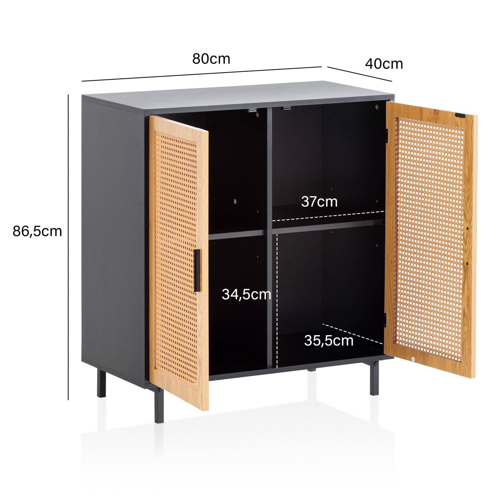 FINEBUY Sideboard FB100054 80cm mit 2 Türen in Rattan Wiener Geflecht Design Kommode (Kommode 2 Türen, Kommodenschrank Wiener Geflecht), 80x86,5x40 cm Anrichte Schwarz, Standschrank