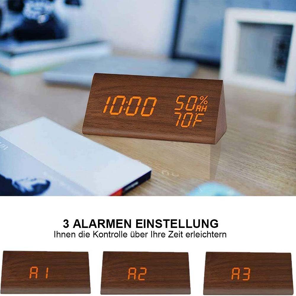 TUABUR with Wecker Digital clock braun time alarm LED display, electronic wooden clock