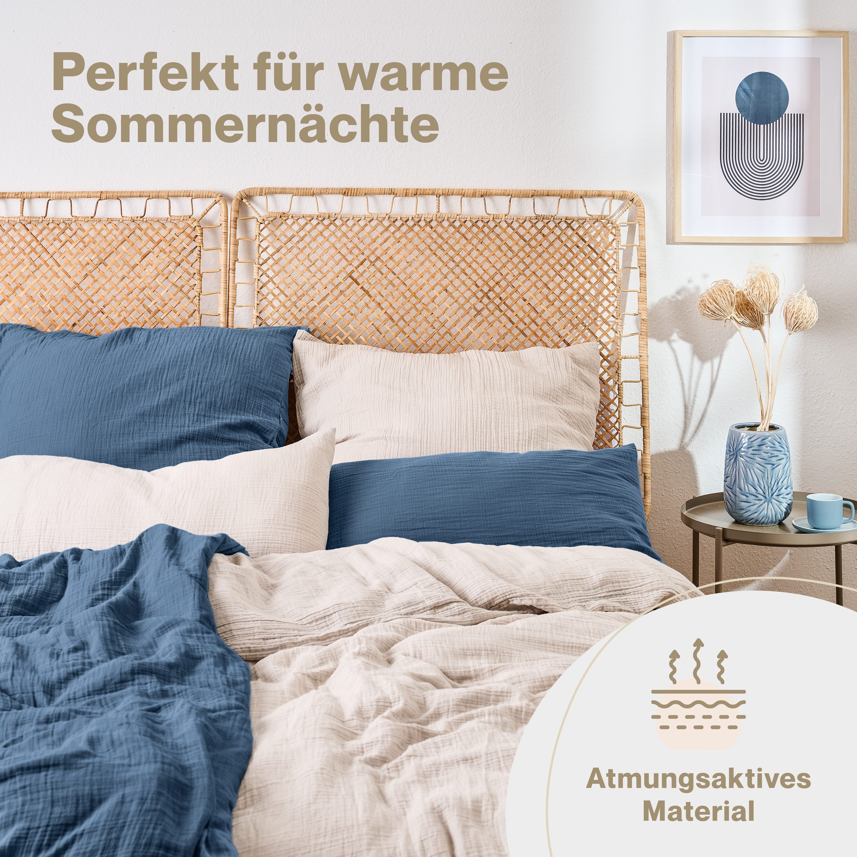 Blumtal Bettwäsche Musselin 100% Baumwolle im Set, Kopfkissenbezug & Deckenbezug, 2 teilig
