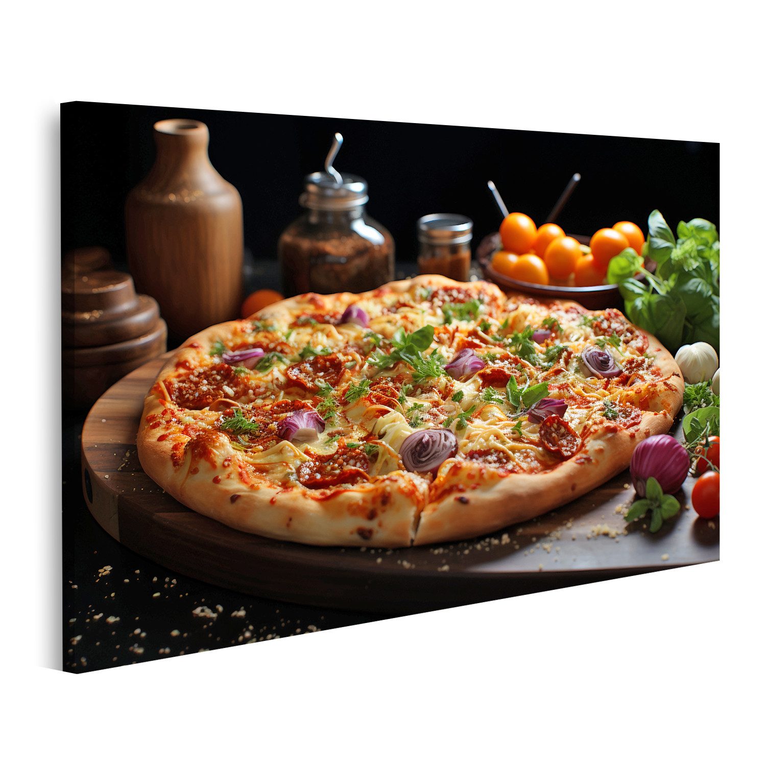Leinwandbild Lecker Käsig Italienisch Pizza Tisch Fertig Zum Essen Gastro Bilder