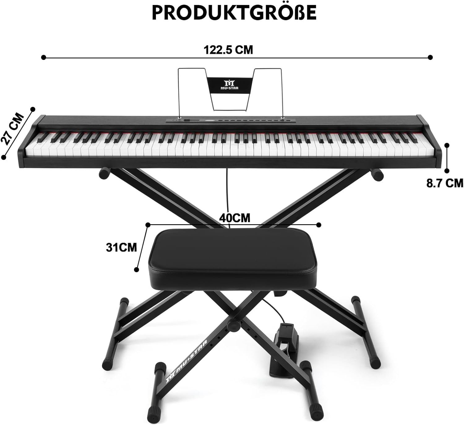MUSTAR Digitalpiano 88 Tasten mit halbgewichteten Tasten und Bluetooth (mit Pianobank), Portables E-Piano Set mit Sustain Pedal, Ständer und Tragetasche