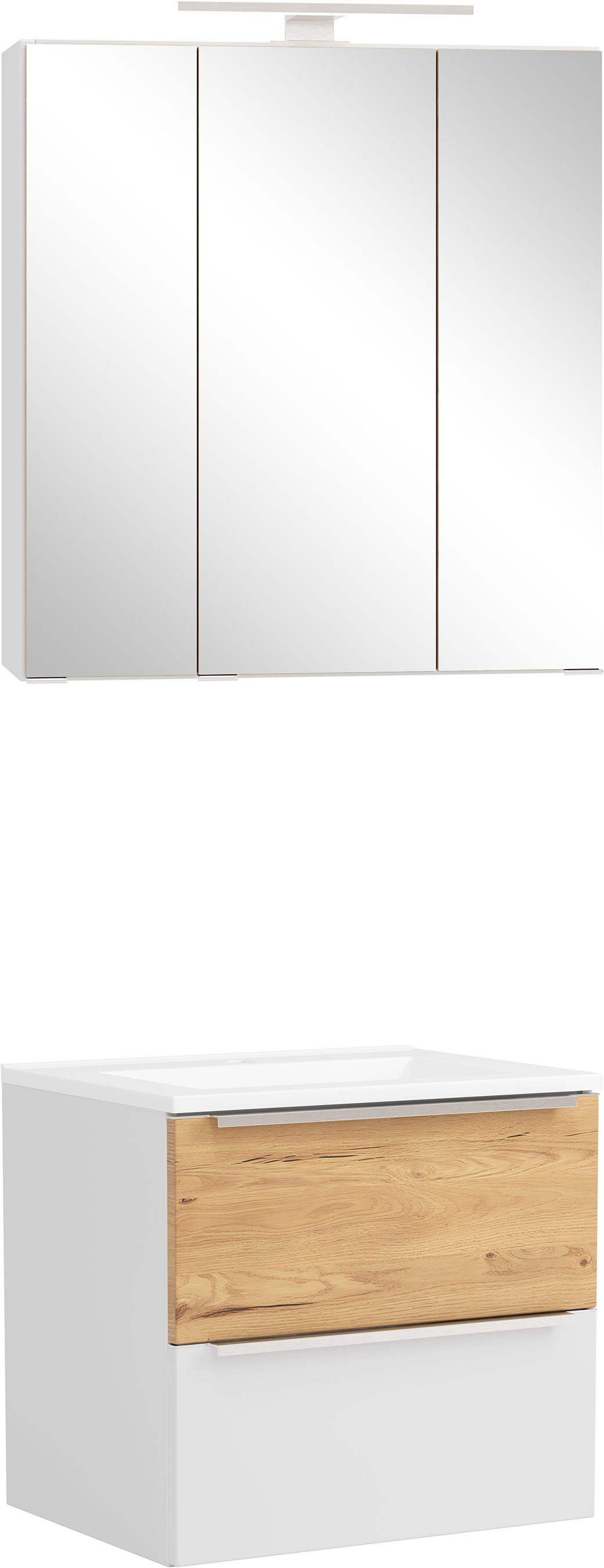 welltime Badmöbel-Set TRIENT, Set: Spiegelschrank und Waschtisch, (2-St., Maße (B/H/T): ca. 60/200/47 cm), matt weiß/wildeiche, LED-Aufbauleuchte, 2tlg. Waschtisch-Set