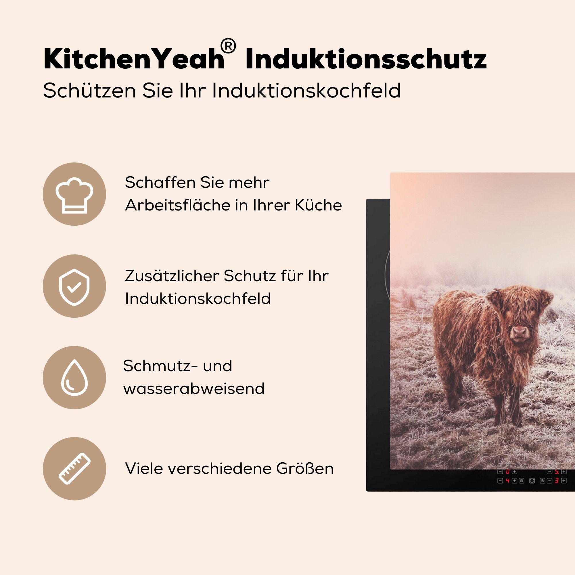 Winter Braun, Schottischer Herdblende-/Abdeckplatte Wiese cm, - Vinyl, Schnee für - Kuh - küche 83x51 MuchoWow Arbeitsplatte - Ceranfeldabdeckung, tlg), (1 Highlander -