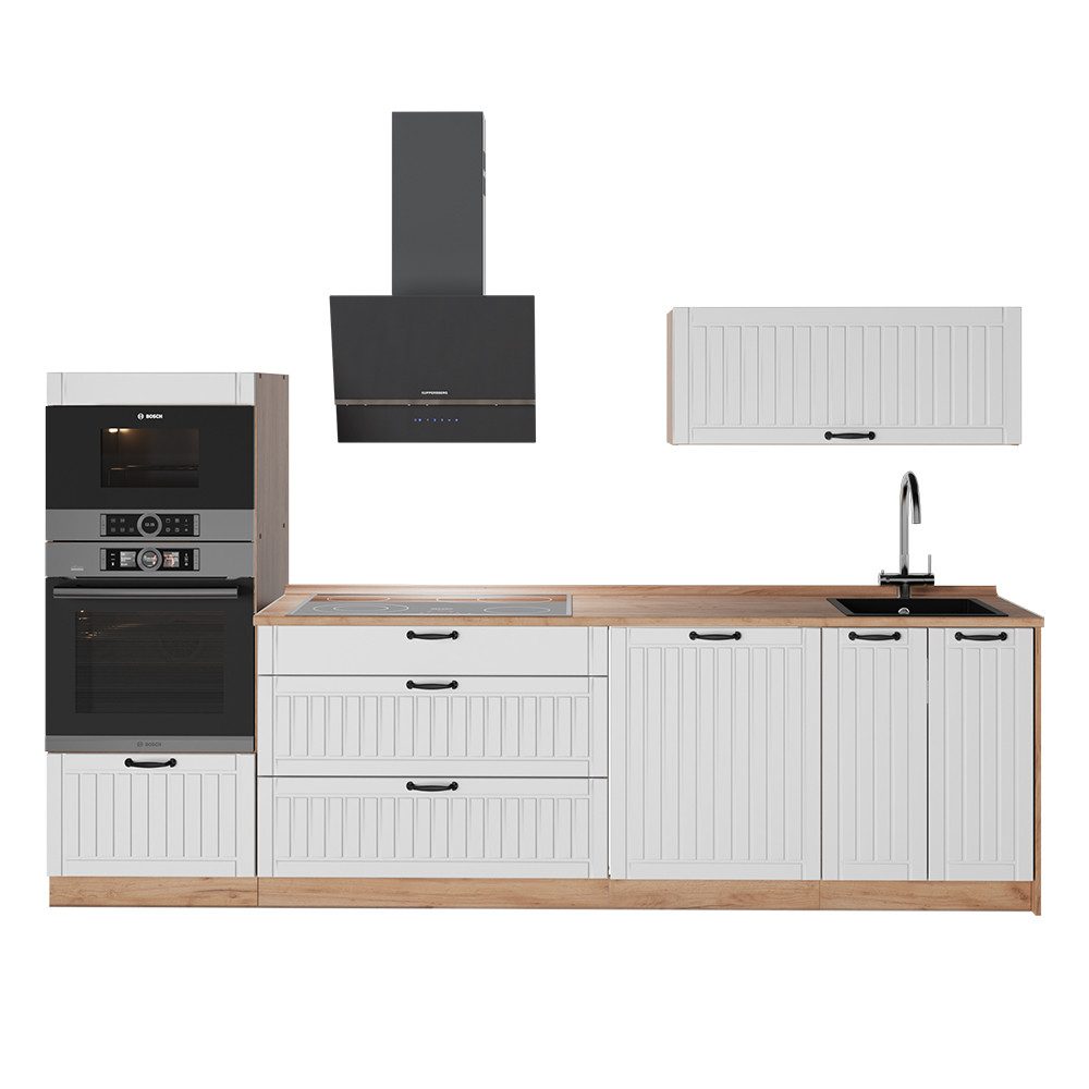 Vicco Küchenzeile Fame-Line, Weiß Landhaus/Goldkraft Eiche, 280 cm, AP Eiche