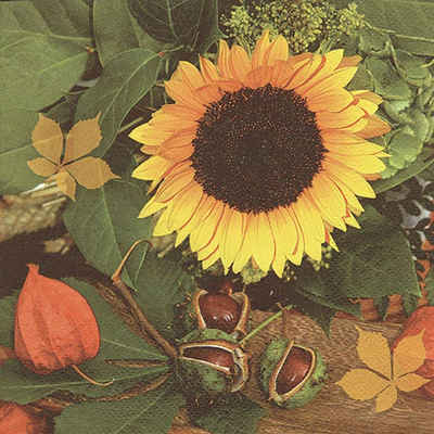 Linoows Papierserviette 20 Servietten, Kastanien & Sonnenblumen, Bunte Herbstszene, Motiv Kastanien und Sonnenblumen, Bunte Herbstszene