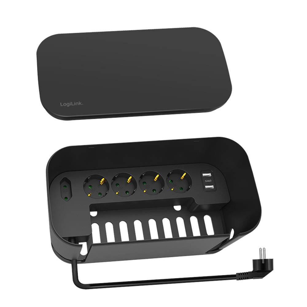 LogiLink Kabelbox LPS281U mit 5-fach-Steckdosenleiste, 3x USB, 285 x 145 x 13 mm, Kabelmanagement Box, Mehrfachsteckdose USB, 3600 W, Alltag, Schwarz – Bild 5 von 5