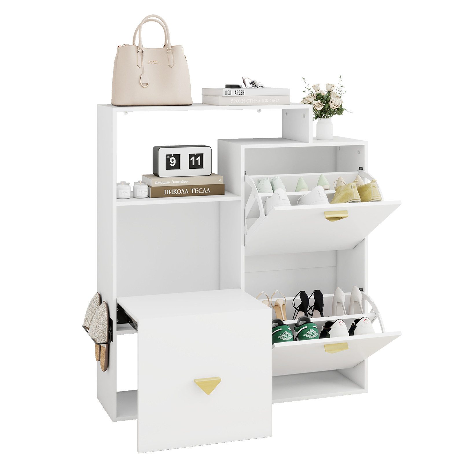 Puluomis Schuhschrank mit Sitzbank 90x25x100 cm, mit Abnehmbaren Fächern & Versteckter Sitz Schuhregal Aus E1-MDF, Für Eingang & Flur, Weiß