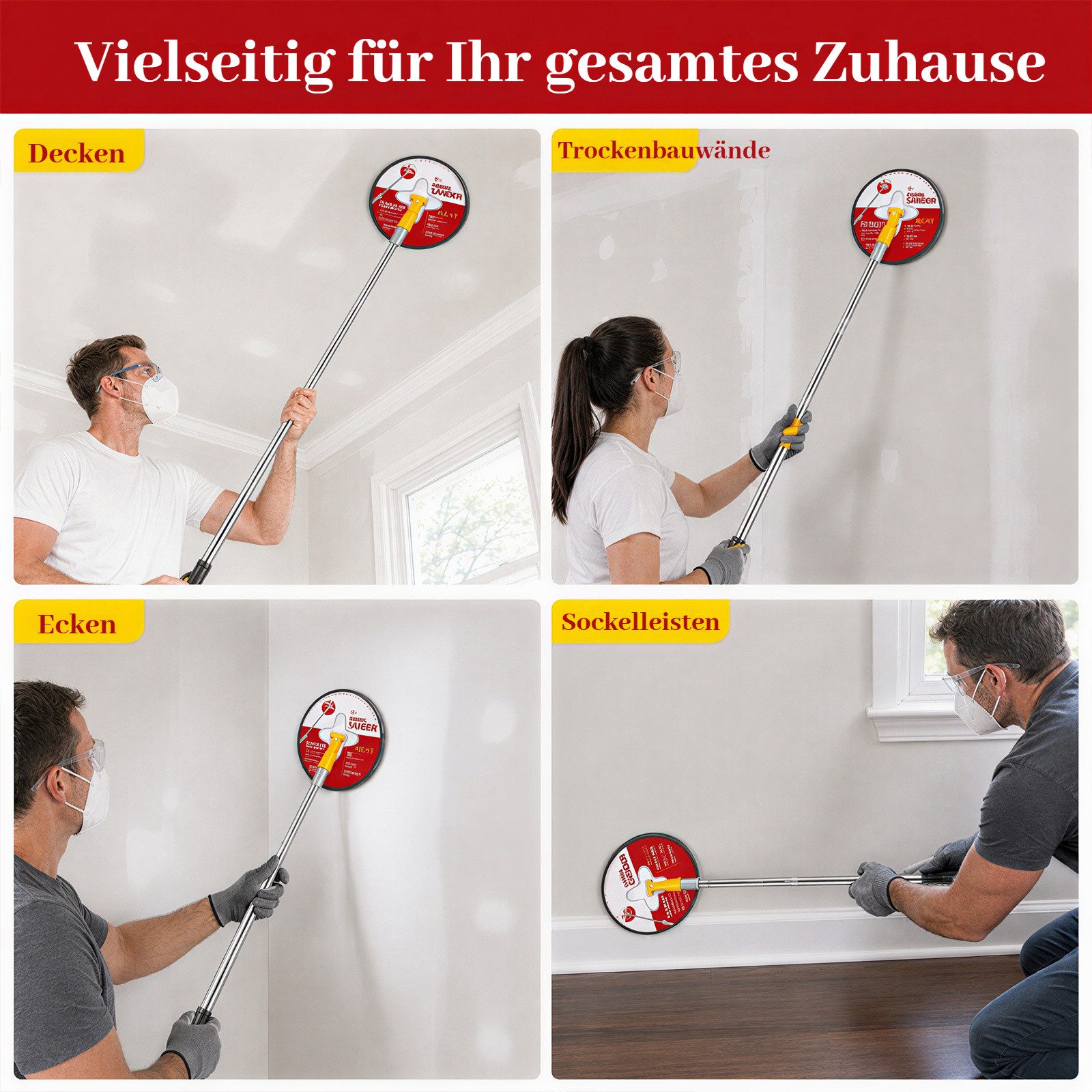 BlingBin Schleifpapier Handschleifer mit Verlängerungsstange & 360° drehbarem 22cm Rundkopf, (15er Set, 15 St., Verfügbare Körnungen Schleifblätter: 80, 120, 150, 180, 240), Klettaufnahme, für Gips und Holz, inkl. 10 Schleifblättern P80–P240
