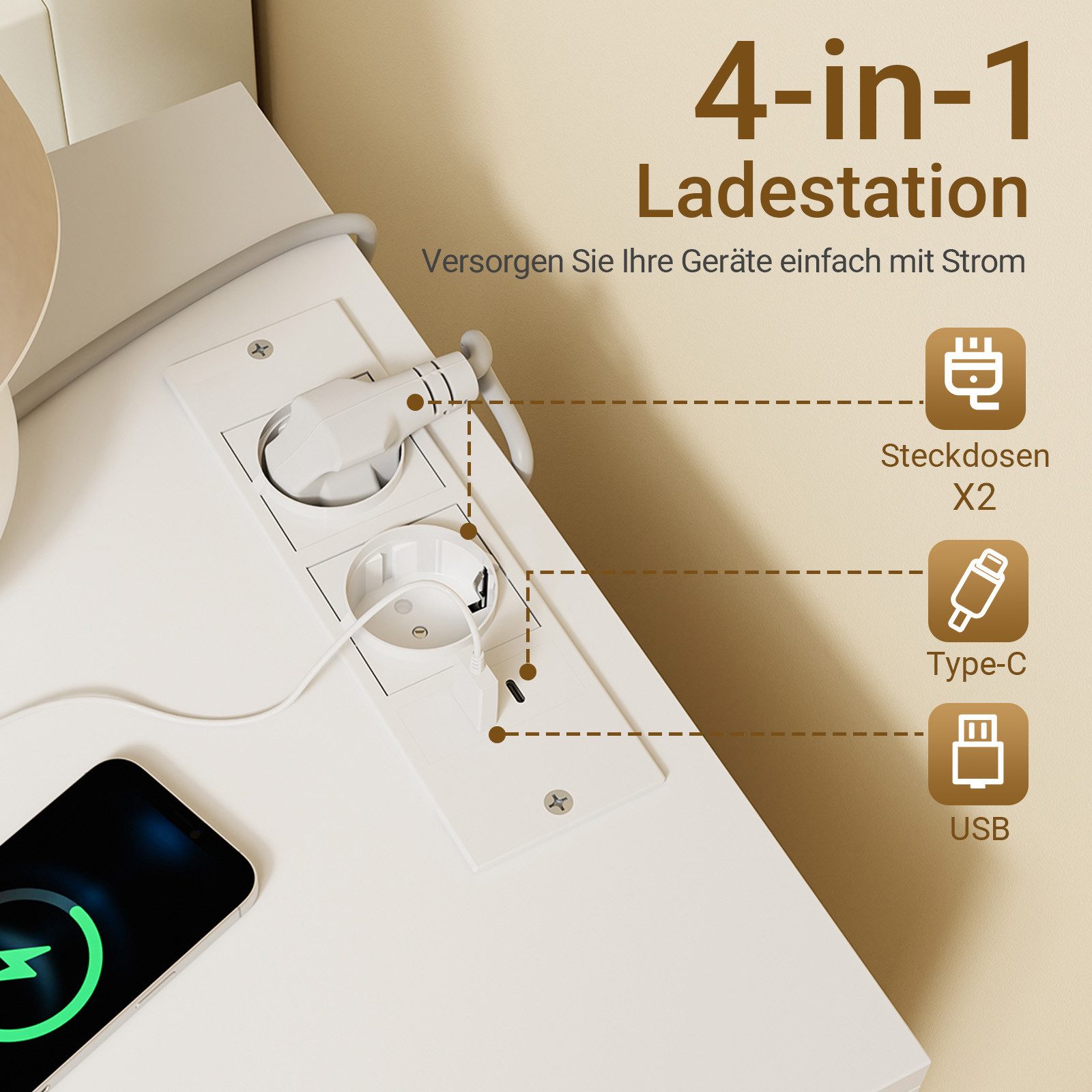 SoBuy Nachttisch FBT115-E, Nachttisch, Nachtschrank Beistelltisch Sofatisch Couchtisch, Nachttisch mit 2 Steckdosen, USB und Type-C, 2/3 Schubladen – Bild 4 von 5