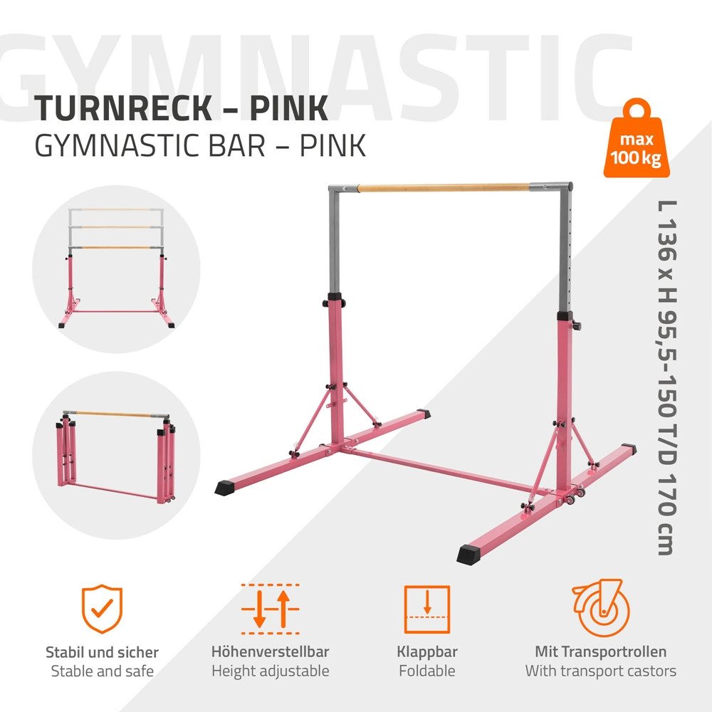 Hauki Turnreck Kinder Gymnastik Turnstangen Trainingsgeräte bis 100kg Indoor/Outdoor, Heimtraining Reckstange faltbar & höhenverstellbar 95,5-150cm Pink