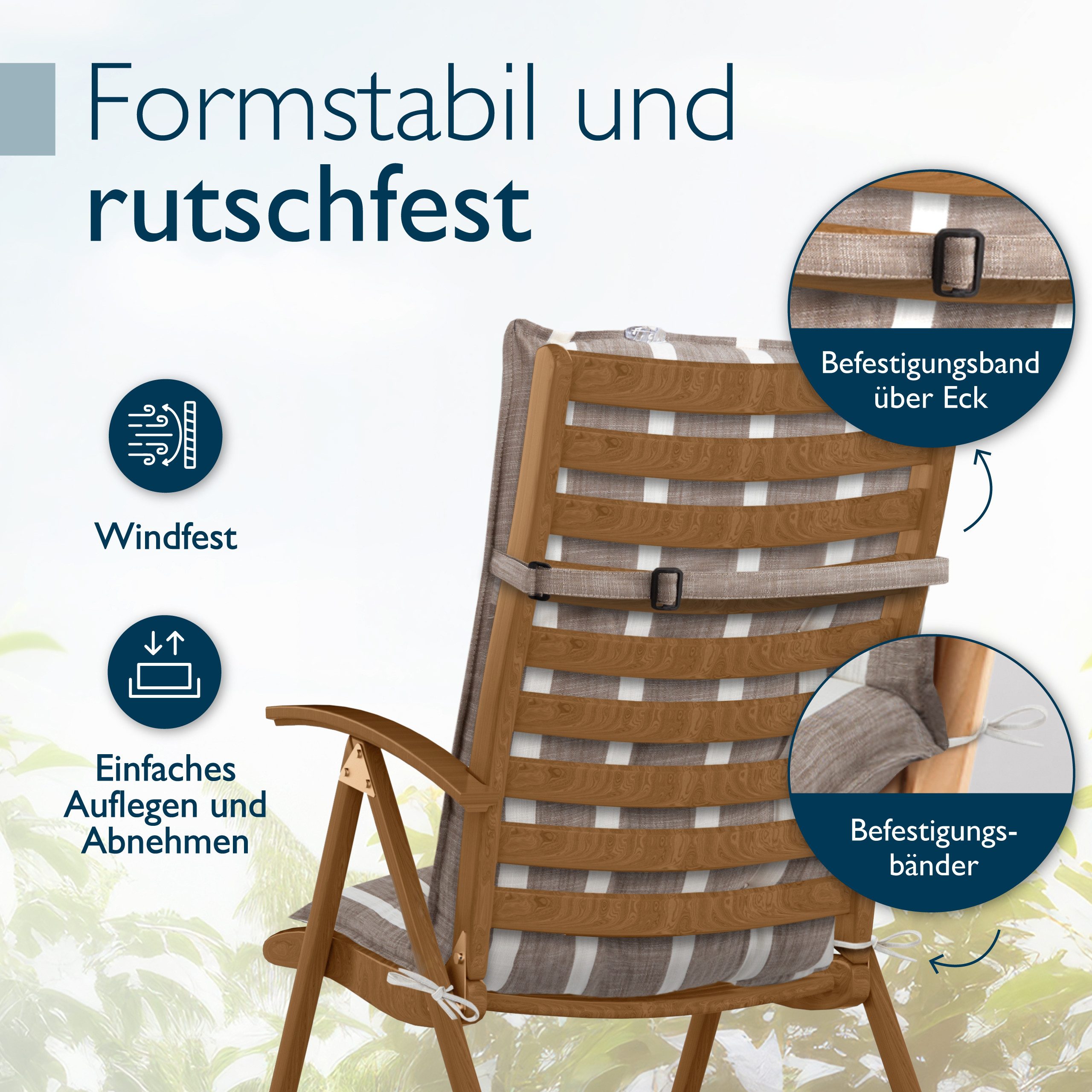Beautissu Hochlehnerauflage 4er Set Sun-HL Hochlehner Auflage 120x50x8cm Beige-Weiß-Gestreift, Mit Kopfpolster, rutschfest & robust – Befestigungsbänder, UV 5