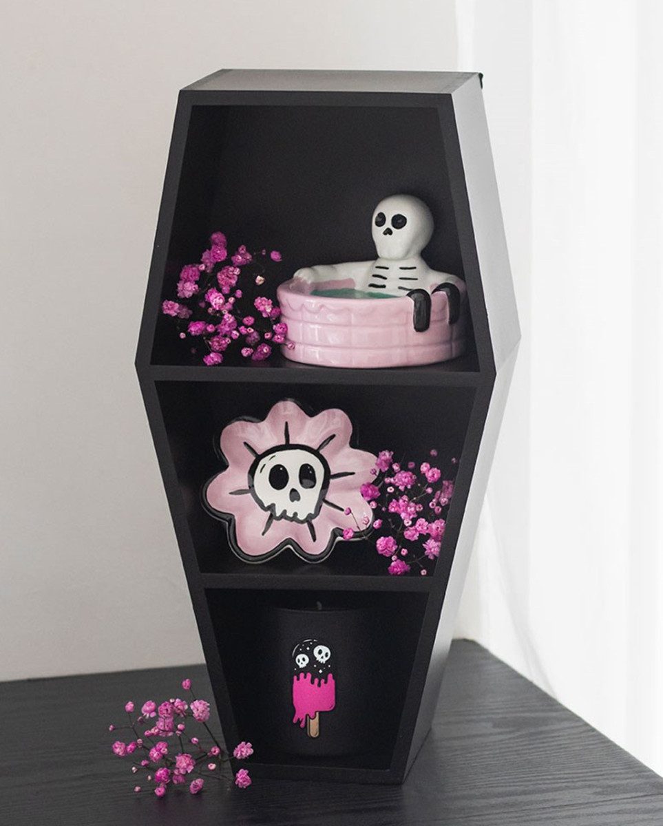 Horror-Shop Dekofigur Sargregal Schwarz – Gothic Wandregal im Coffin Des