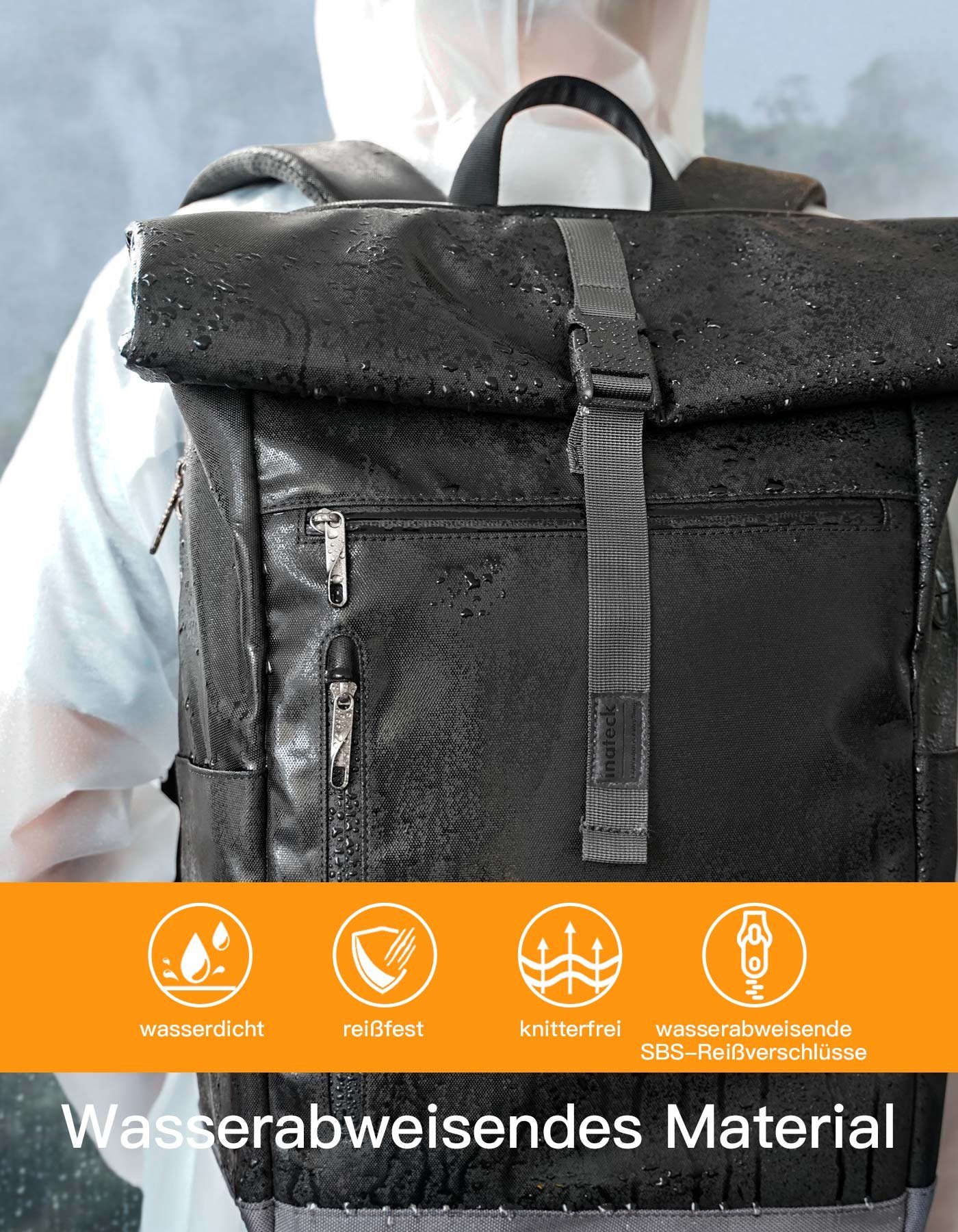 Inateck Laptoprucksack RollTop Rucksack Herren Damen 25L-30L Schulrucksack, rucksack wasserdicht – Bild 4 von 5