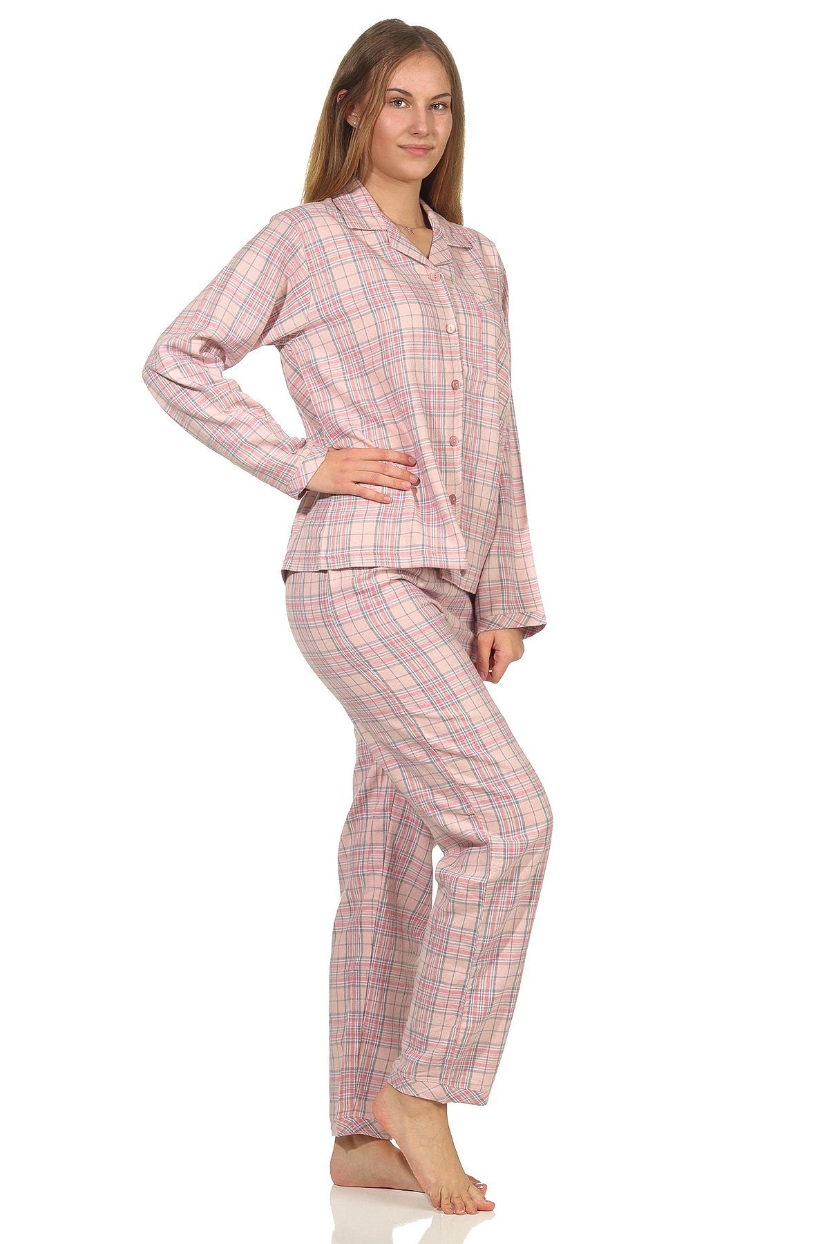 Normann Pyjama Damen kariert langarm rosa Flanell 15 - 602 Schlafanzug 202