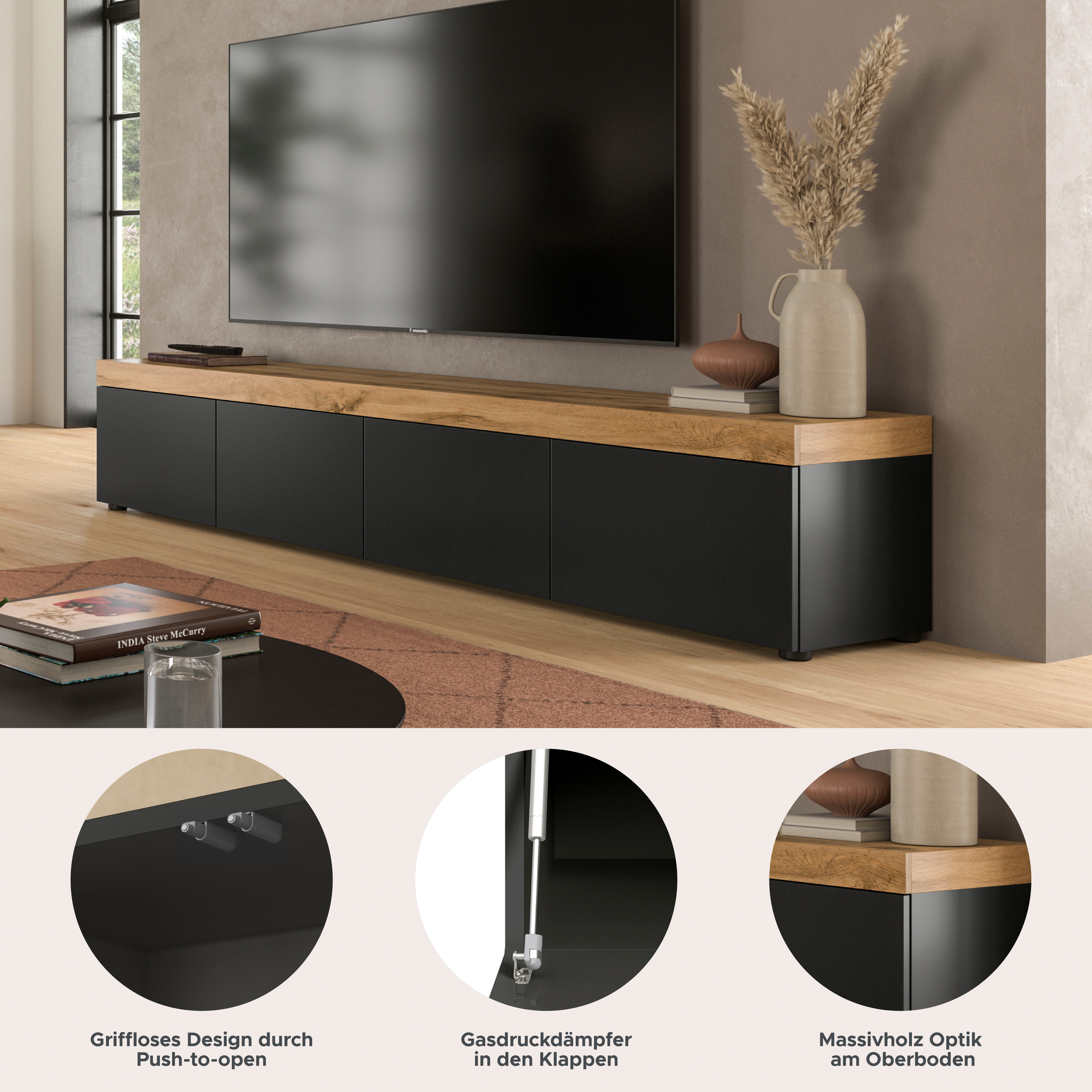 OTTO home Lowboard MAMBO, TOPSELLER!, Breite 200cm, 4 Klappen, stehend oder hängend (1 St., 2 farbige Ausführung, in verschiedenen Farben erhältlich), Lowboard, TV Unterschrank, Tv-Schrank, Wohnzimmer