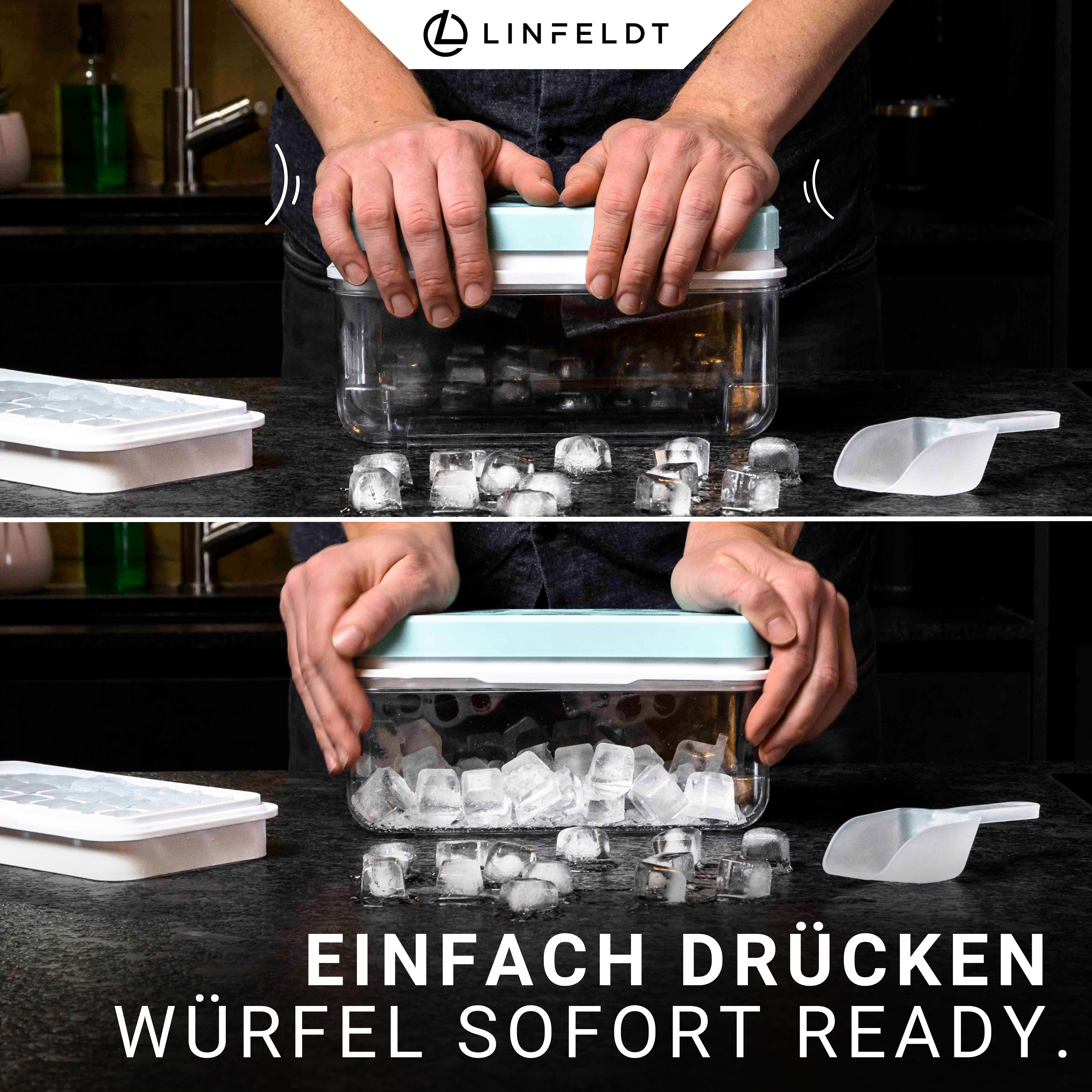 LINFELDT Eiswürfelform mit Behälter - 64 Würfel - einfach Drücken & Fertig - Inkl. Schaufel