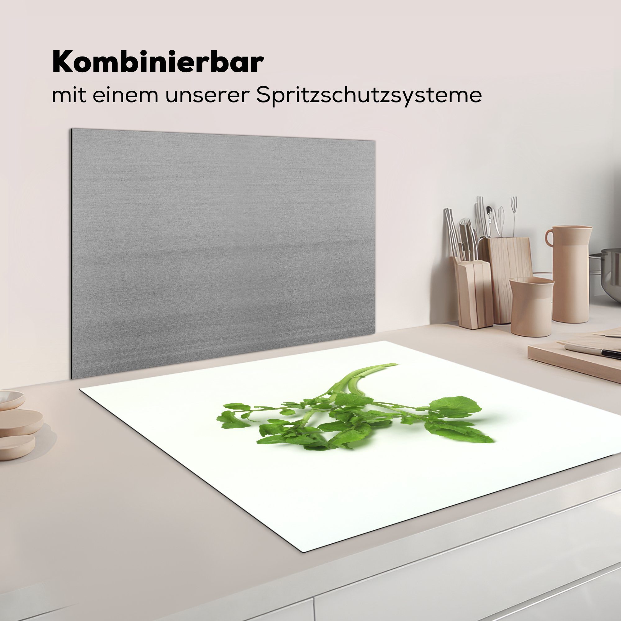 für Hintergrund, Kresse Grüne hellem Arbeitsplatte küche tlg), Herdblende-/Abdeckplatte 78x78 (1 cm, vor Vinyl, MuchoWow Ceranfeldabdeckung,