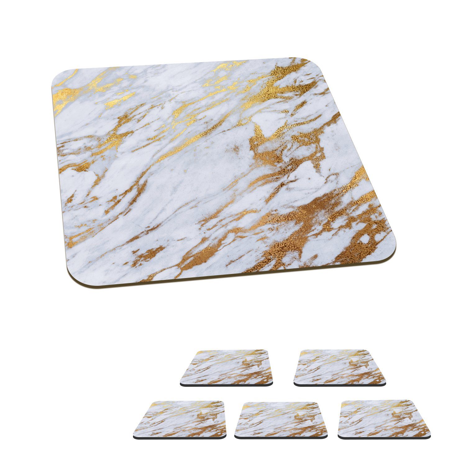 MuchoWow Glasuntersetzer Marmor - Muster - Gold - Weiß, Zubehör für Gläser, 6-tlg., Glasuntersetzer, Tischuntersetzer, Korkuntersetzer, Untersetzer, Tasse