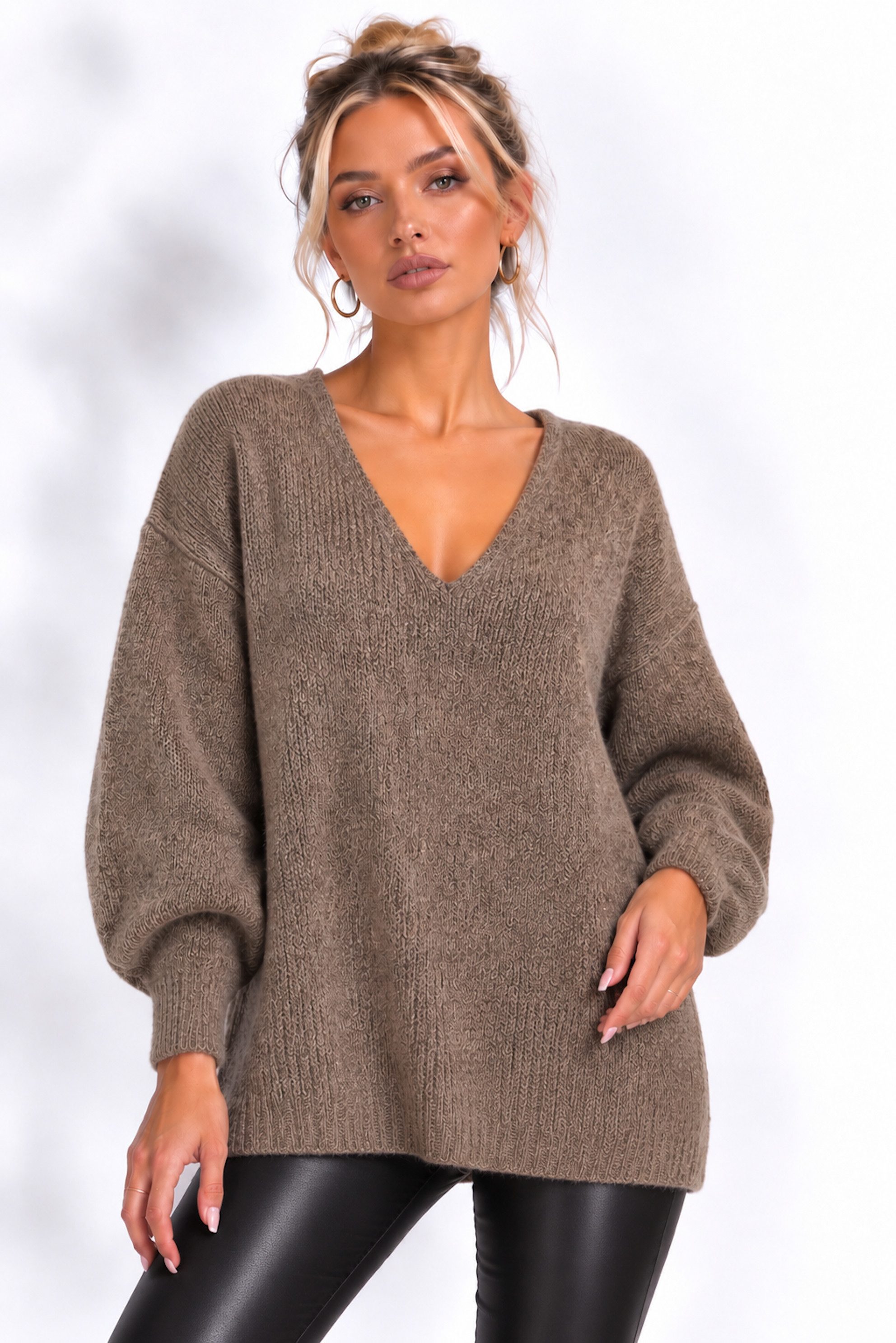 Worldclassca Longpullover WORLDCLASSCA Damen Oversize Strickpulllover Lang Pulli V-Ausschnitt Neue Kollektion - Stilvolle und gemütliche Strickmode für Damen