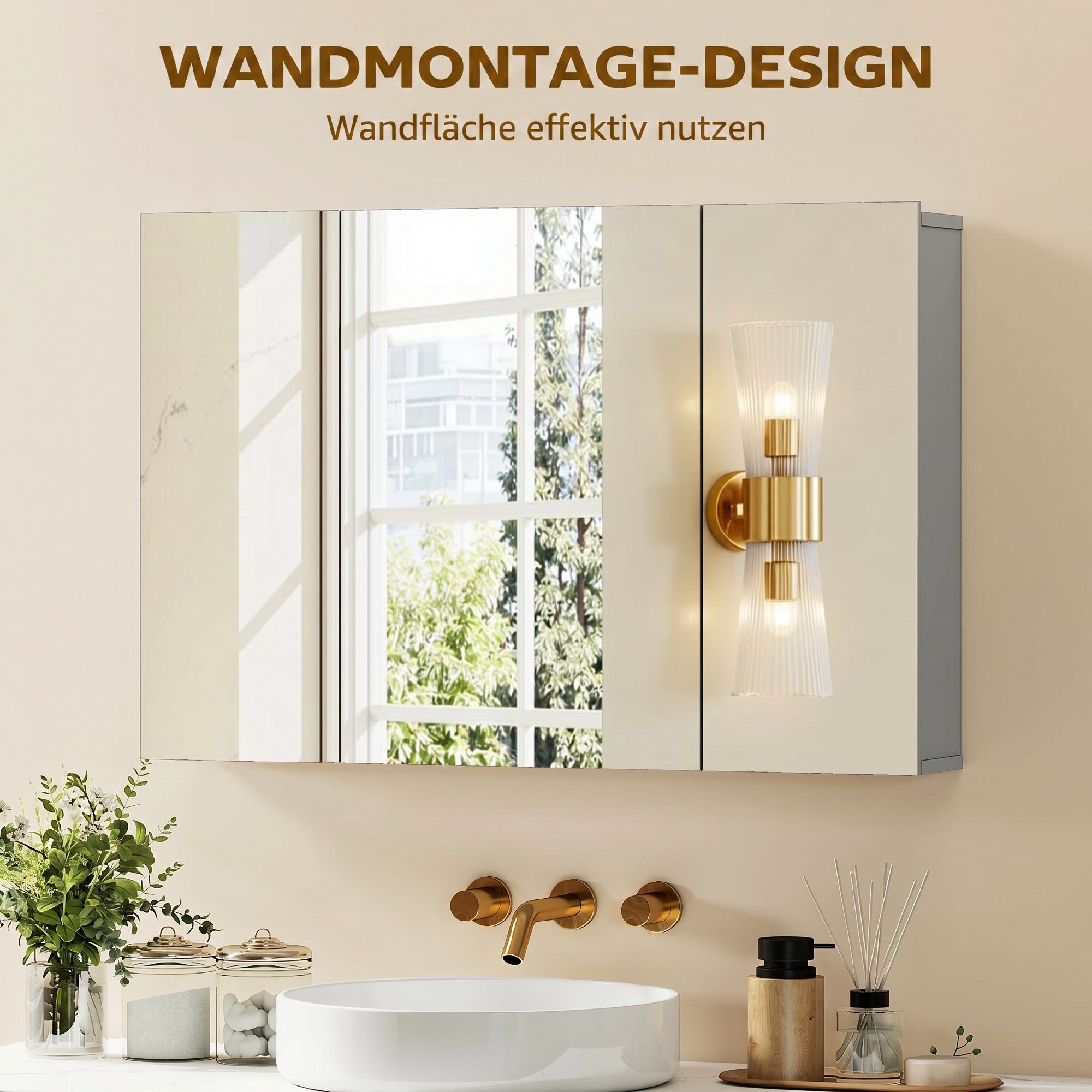 Kleankin Spiegelschrank Wandschrank Badschrank mit Verstellbaren Regalen (Set, 1-St., 1er Set) Badezimmer Spiegelschrank mit drei Türen – Bild 4 von 5