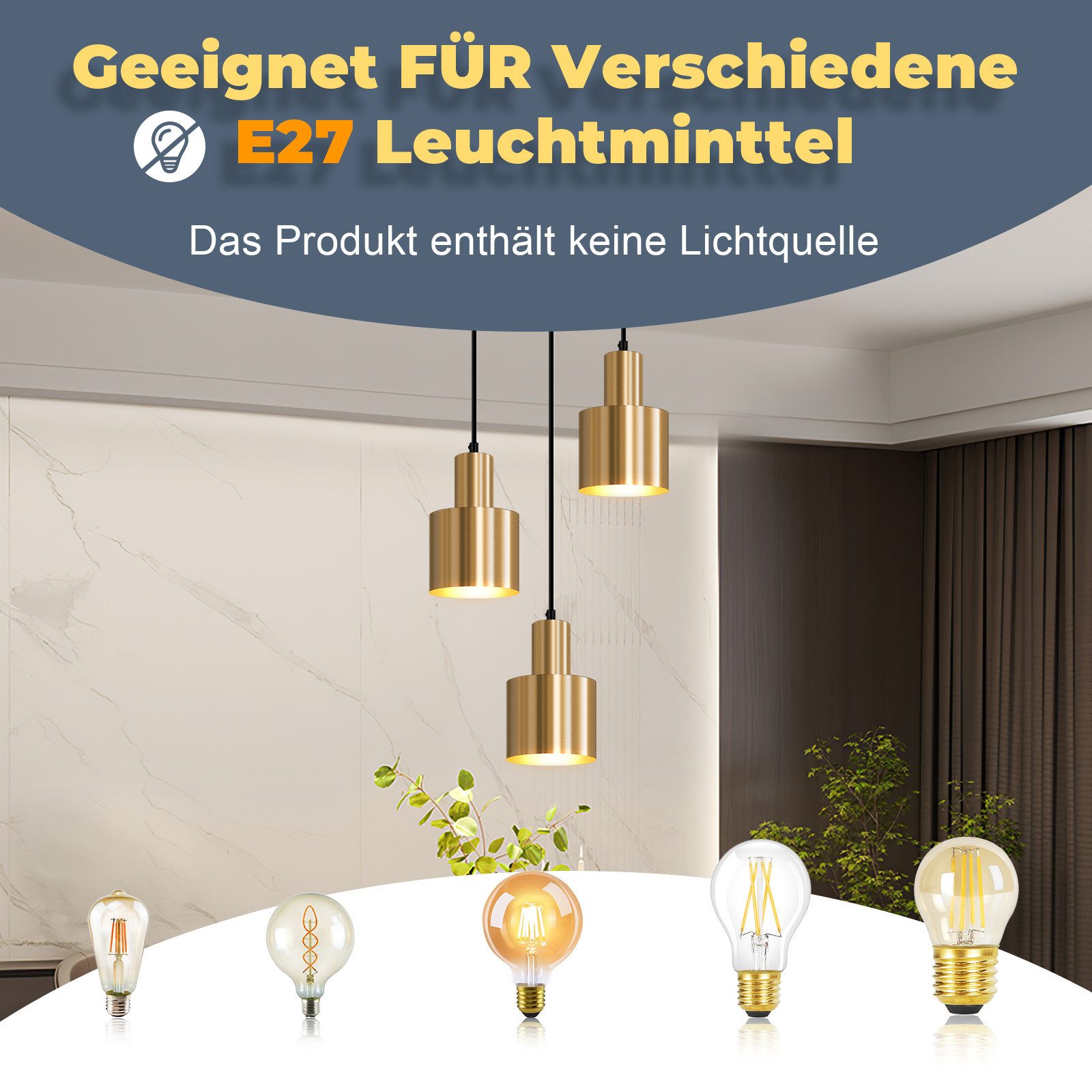 ZMH Pendelleuchte Esszimmer 3 Flammig Gold E27 Hängelampe Metall Schlafzimmer Flur, ohne Leuchtmittel, Vintage Esstischlampe für Schlafzimmer Küche – Bild 2 von 5