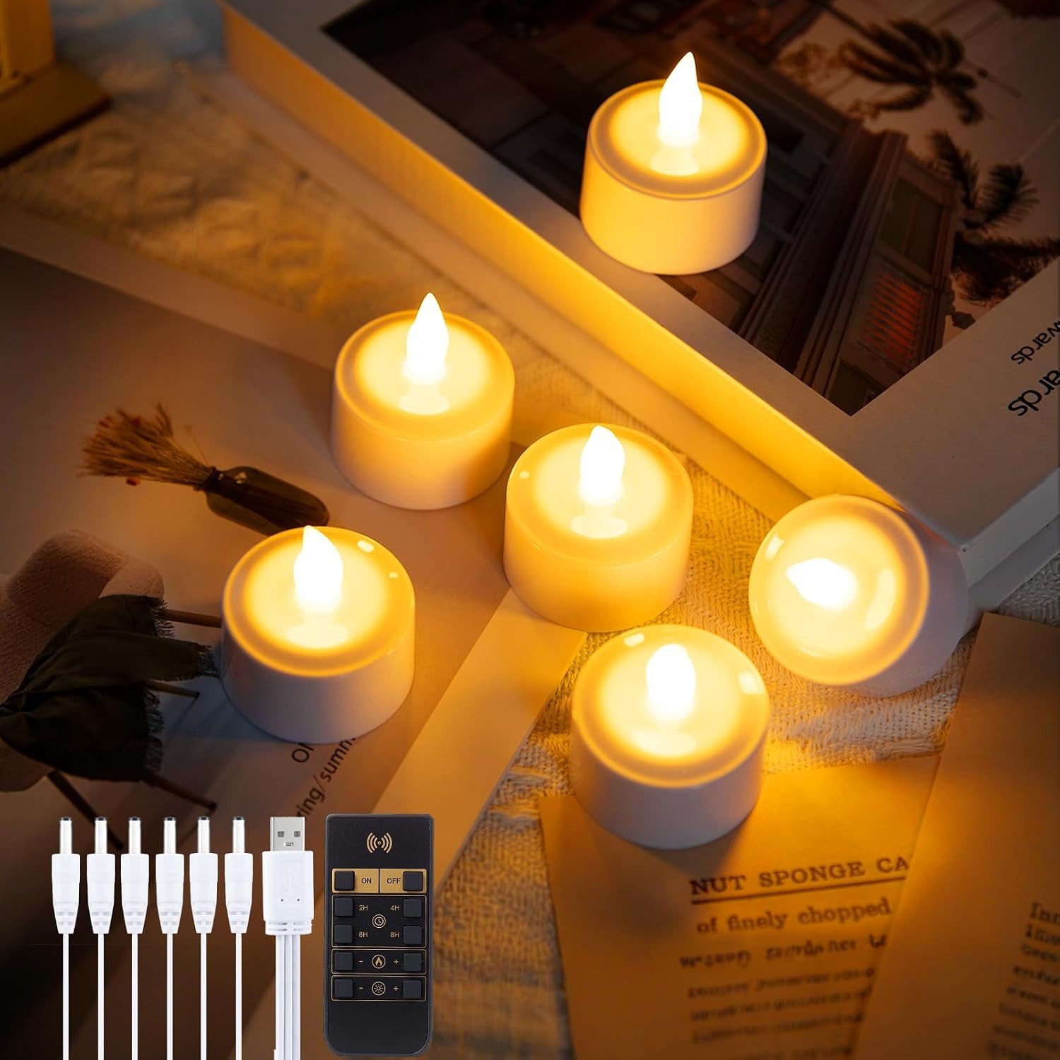 EXTSUD LED-Kerze LED Teelichter Aufladbar 6er Set mit Fernbedienung und Timer, 1-zu-6, Warmweiß