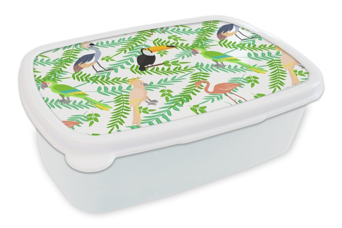 MuchoWow Lunchbox Dschungel - Vogel - Muster, Kunststoff, (2-tlg), Brotbox für Kinder und Erwachsene, Brotdose, für Jungs und Mädchen weiß