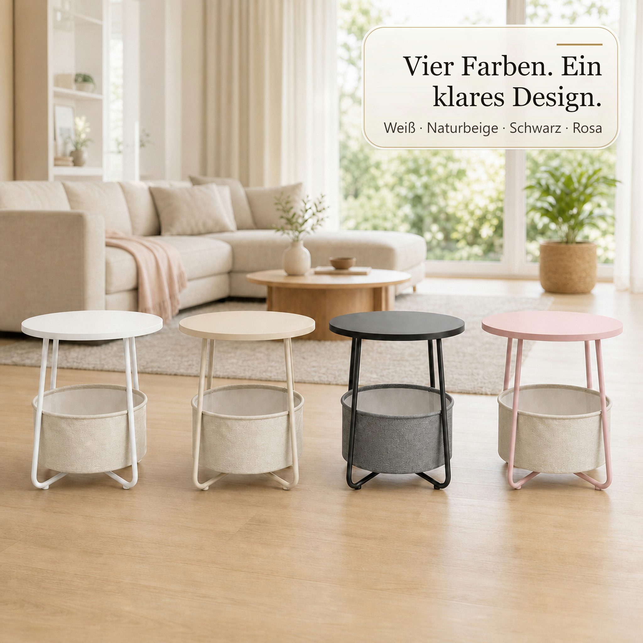 Floordirekt Beistelltisch Luca runder Sofatisch mit Stoffkorb Stauraum 45 cm 4 Farben, 2-in-1-Design – Bild 2 von 5
