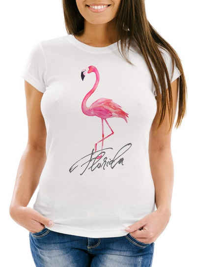 Neverless Print-Shirt Cooles Damen T-Shirt Flamingo Seepferdchen Watercolor Slim Fit mit Print